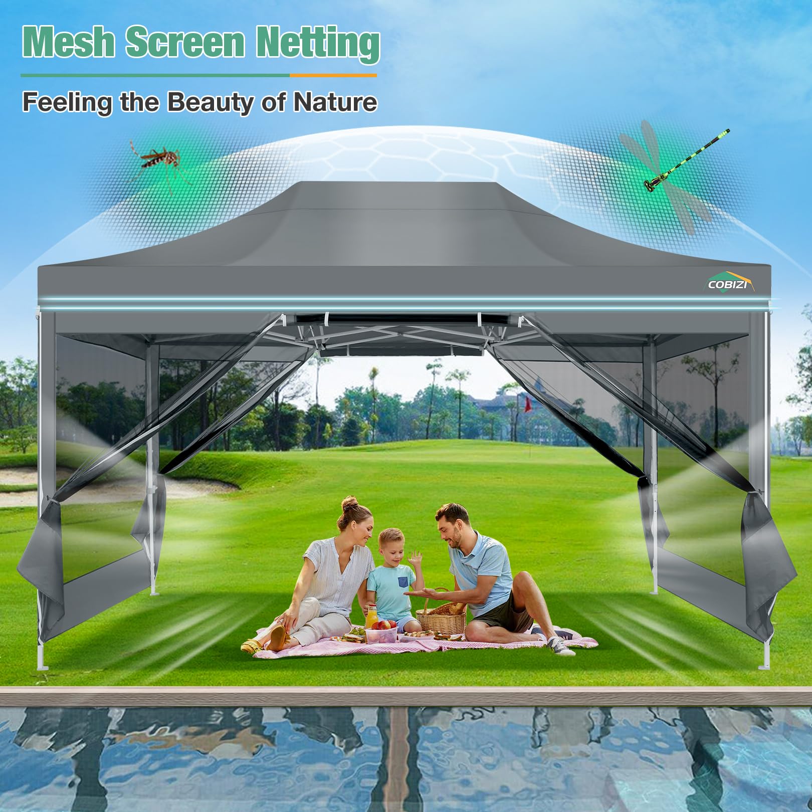 COBIZI 10x15 Heavy Duty Pop Up Canopy Tent with Waterproof Sidewalls & Mosquito Net - Easy Setup Instant Shelter for Outdoor Parties, Weddings, Backyard Events - Includes Carry Bag (Gray) | Perfect for Picnics, Camping, Farmers Markets & Tailgating