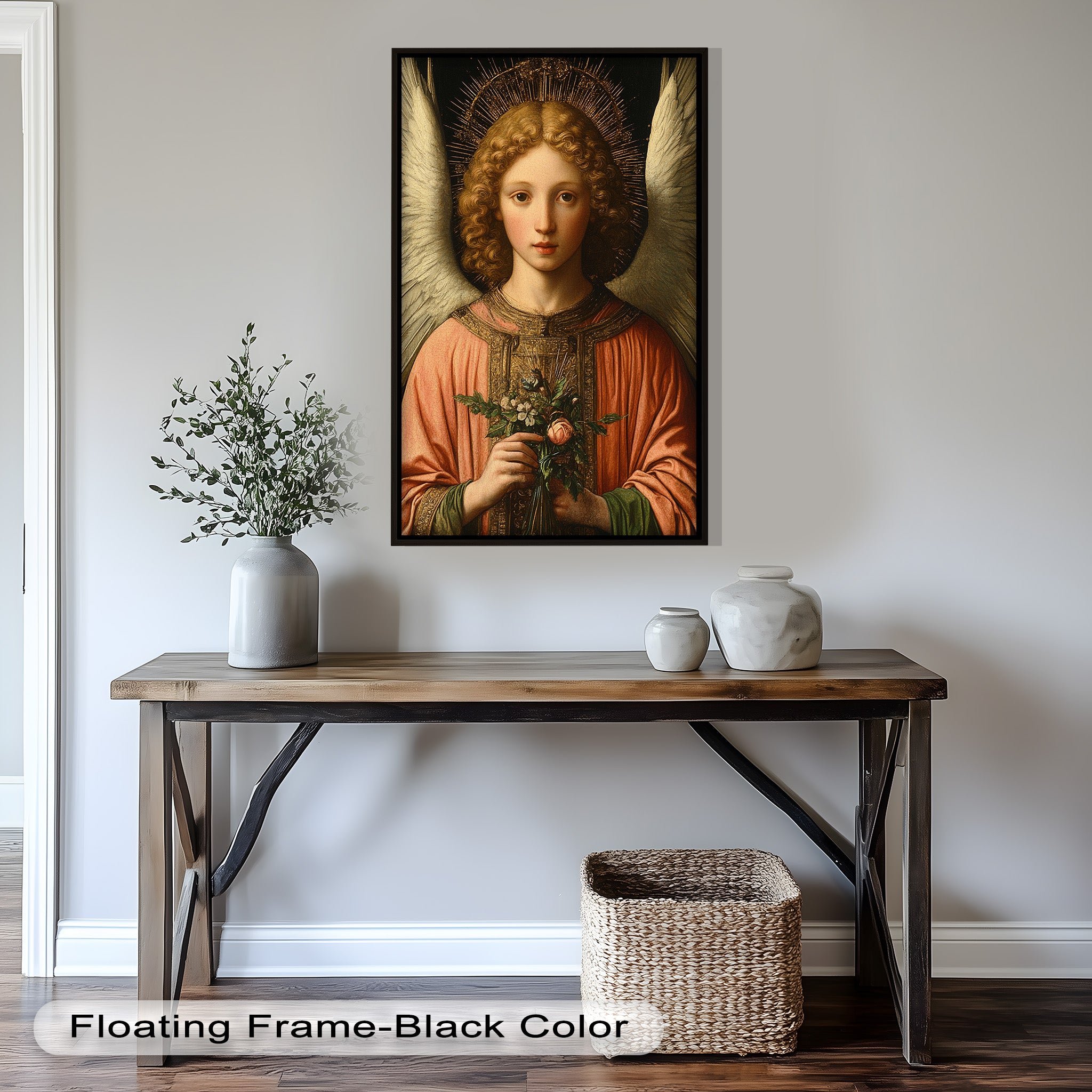 Angel Holding Flowers Wall Art - Religious Oil Painting for Home Decor & Church Interiors | Hand-Painted Christian Artwork for Living Room, Bedroom & Prayer Spaces