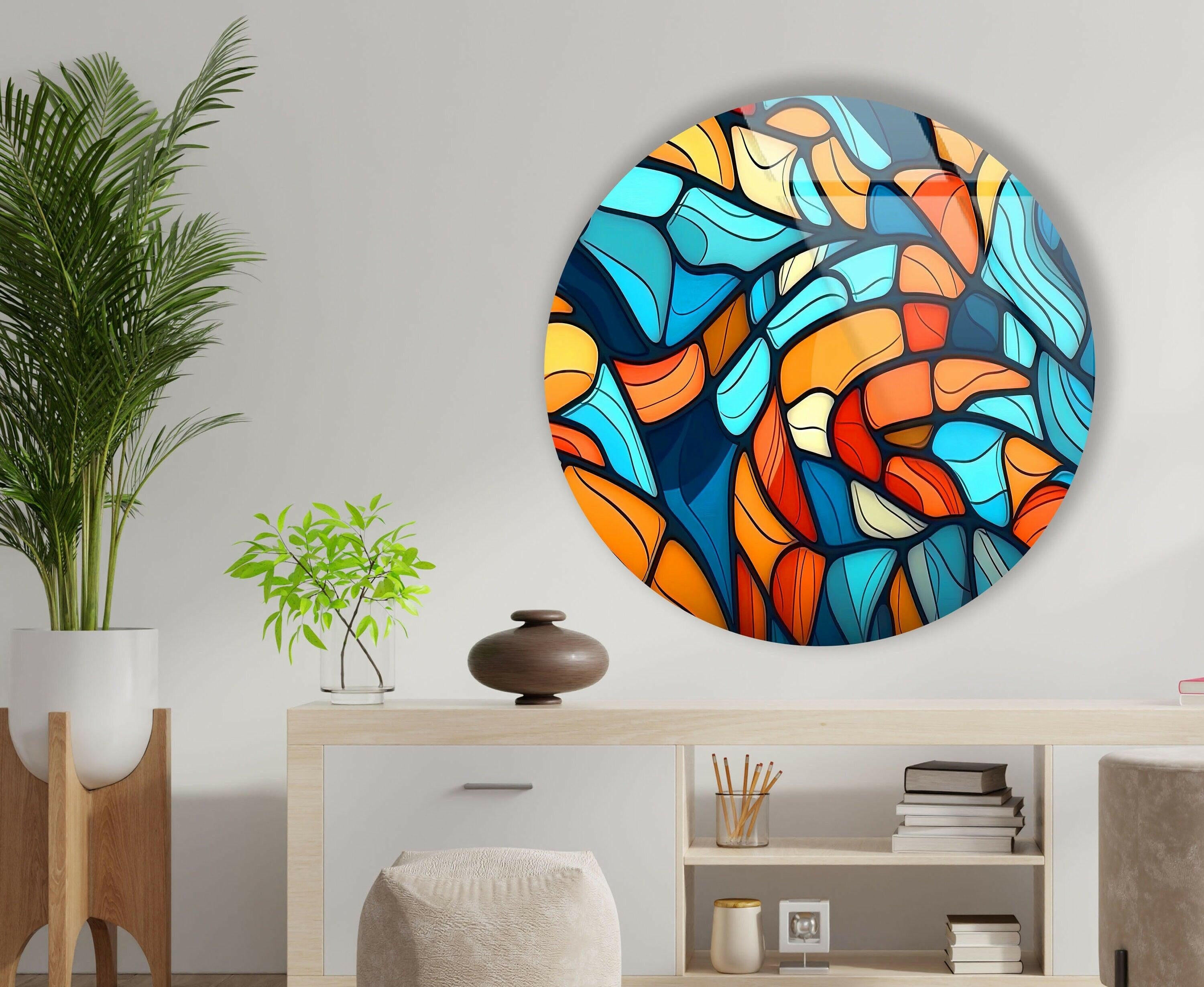 Vibrant Blue & Orange Mosaic Round Glass Wall Art - Handmade Decorative Mirror for Living Room, Bedroom, or Bathroom Décor