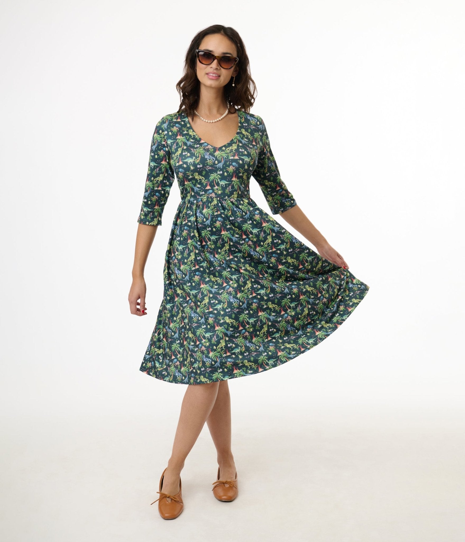Dolly & Dotty Green Dinosaur Print Billie Swing Dress - Women's Vintage Style A-Line Dress for Casual Wear, Parties & Photo Shoots