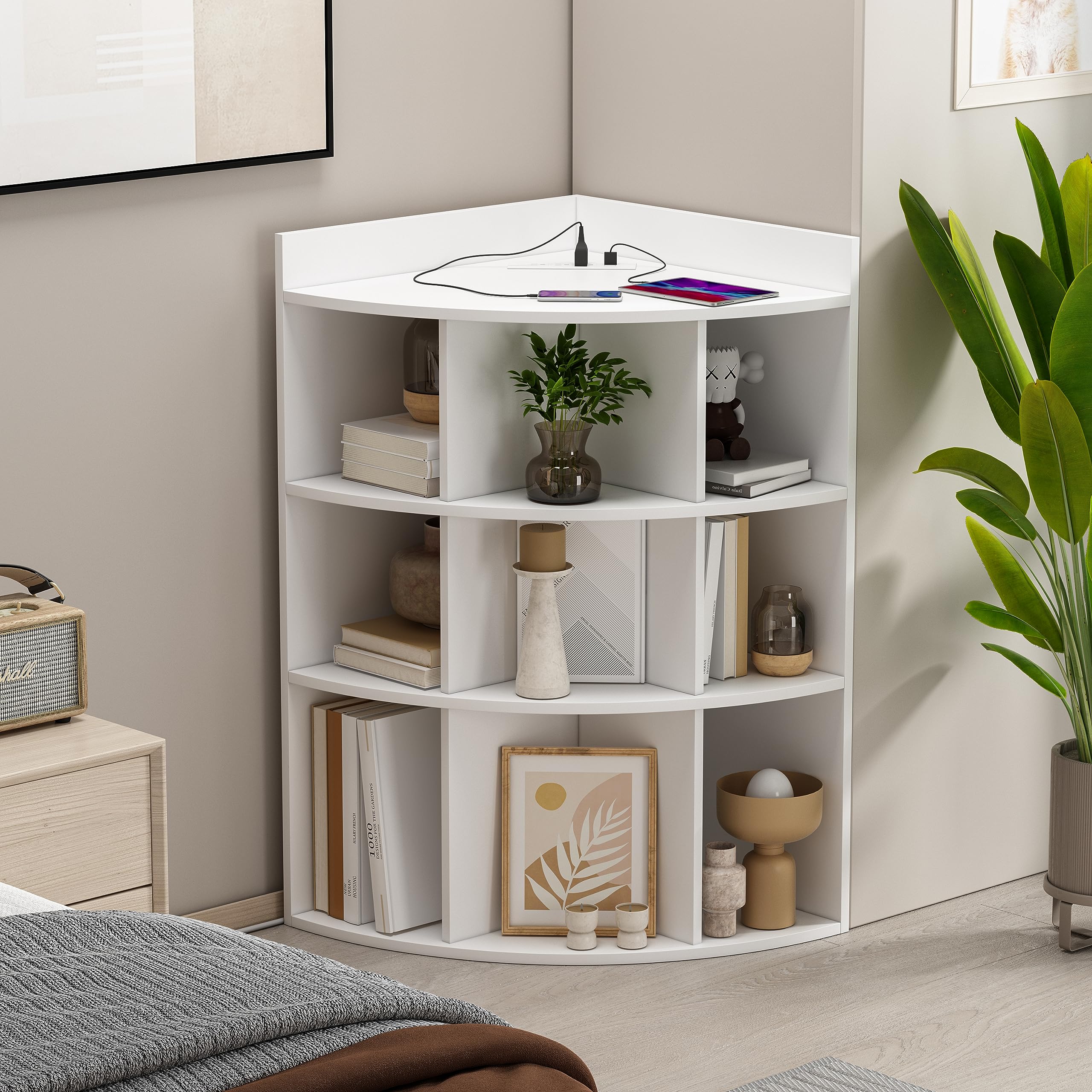 White 9-Cube Wooden Corner Cabinet Organizer with Charging Station - Multi-Purpose Toy Storage & Bookshelf for Playroom, Living Room, Bedroom - Space-Saving Corner Shelf for Home Organization