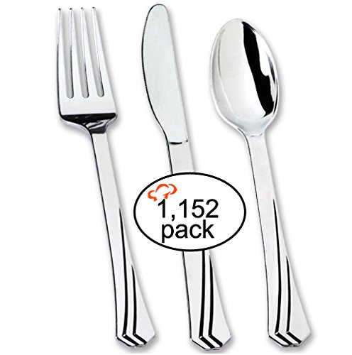Premium 384-Piece Plastic Silverware Set - Elegant Polished Silver Cutlery (1152 Pieces) - Perfect for Parties, Catering & Outdoor Events
