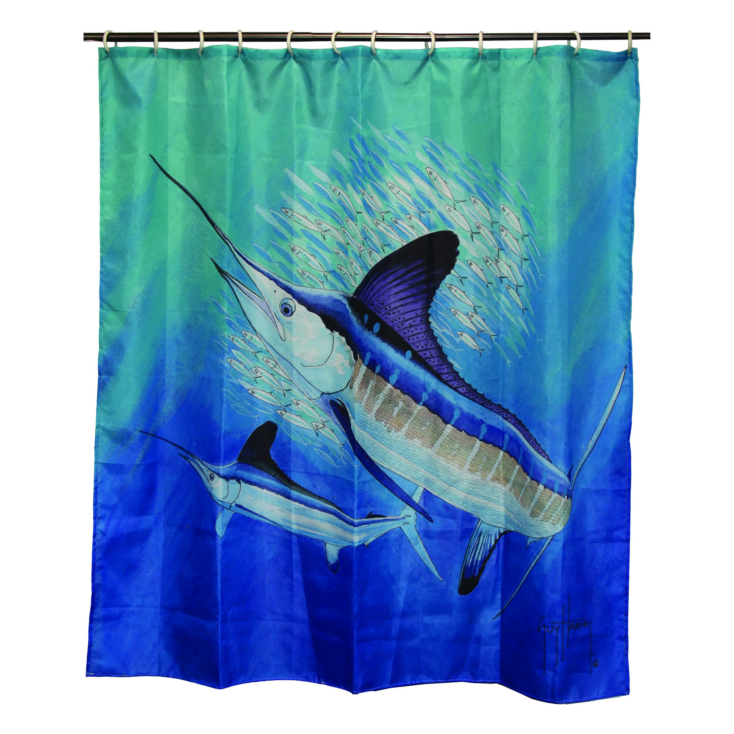 Rivers Edge Products Fish Shower Curtain - 70x72 Inches Bathroom Decor with Hooks, Marlin Design by Guy Harvey - Perfect for Beach House, Fishing Enthusiast or Nautical Theme Bathrooms