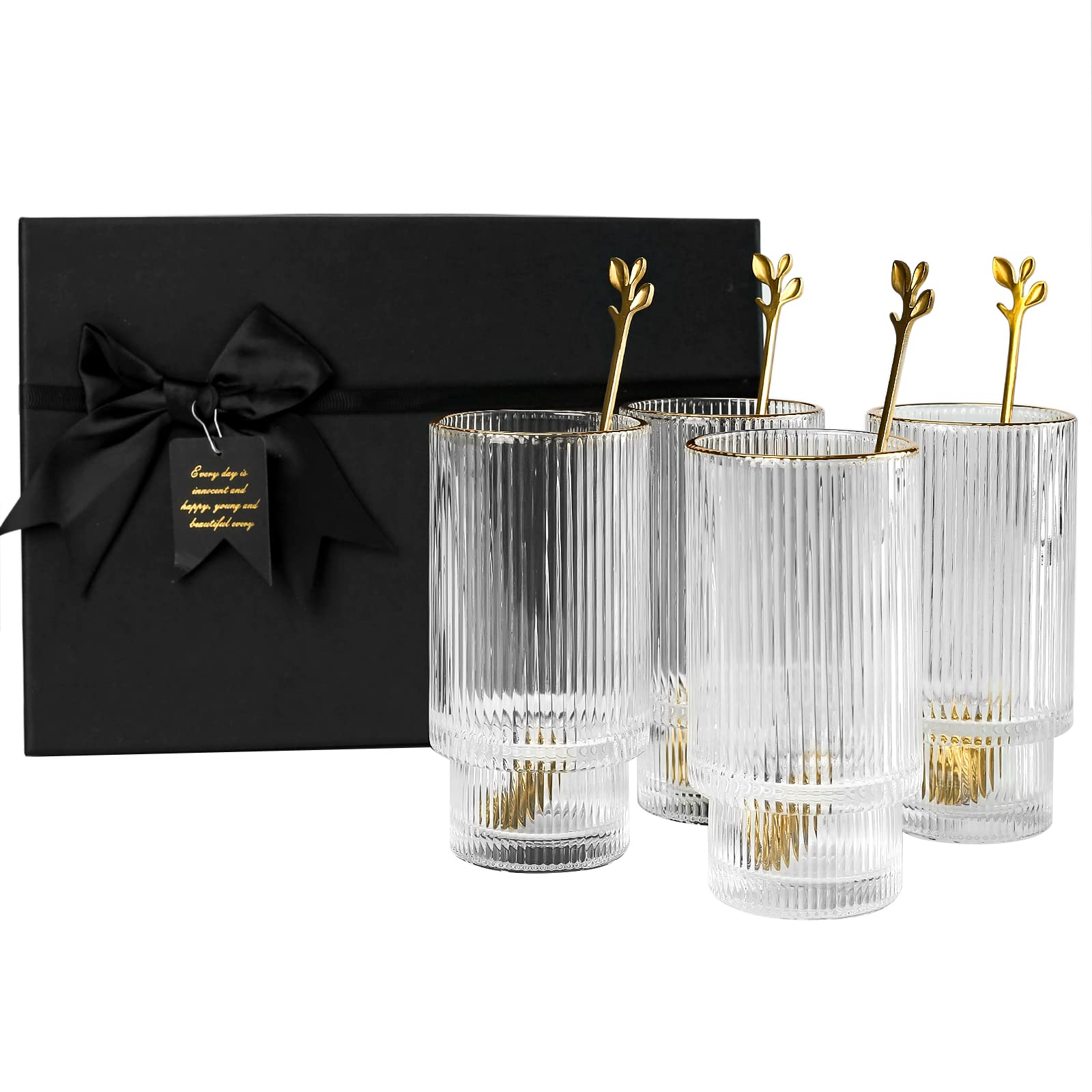 4-Piece Origami Style Glass Cups Gift Set - Vintage Ripple Drinking Glasses with Coffee Spoon for Cocktail, Whiskey, Beer & Juice - Perfect for Coffee Shops, Home Bars & Holiday Gifts (Halloween/Christmas)