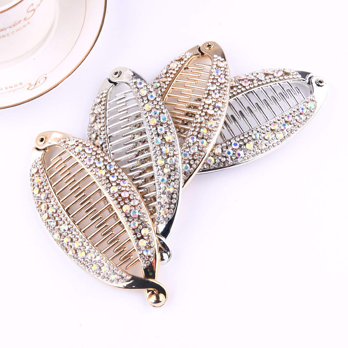 Lurrose 4pcs Rhinestone Fish-Shaped Hair Claw Clips - Gold & Silver Banana Hair Clips with Rounded Edges for Women & Girls - Perfect for Parties, Weddings, and Everyday Hairstyling