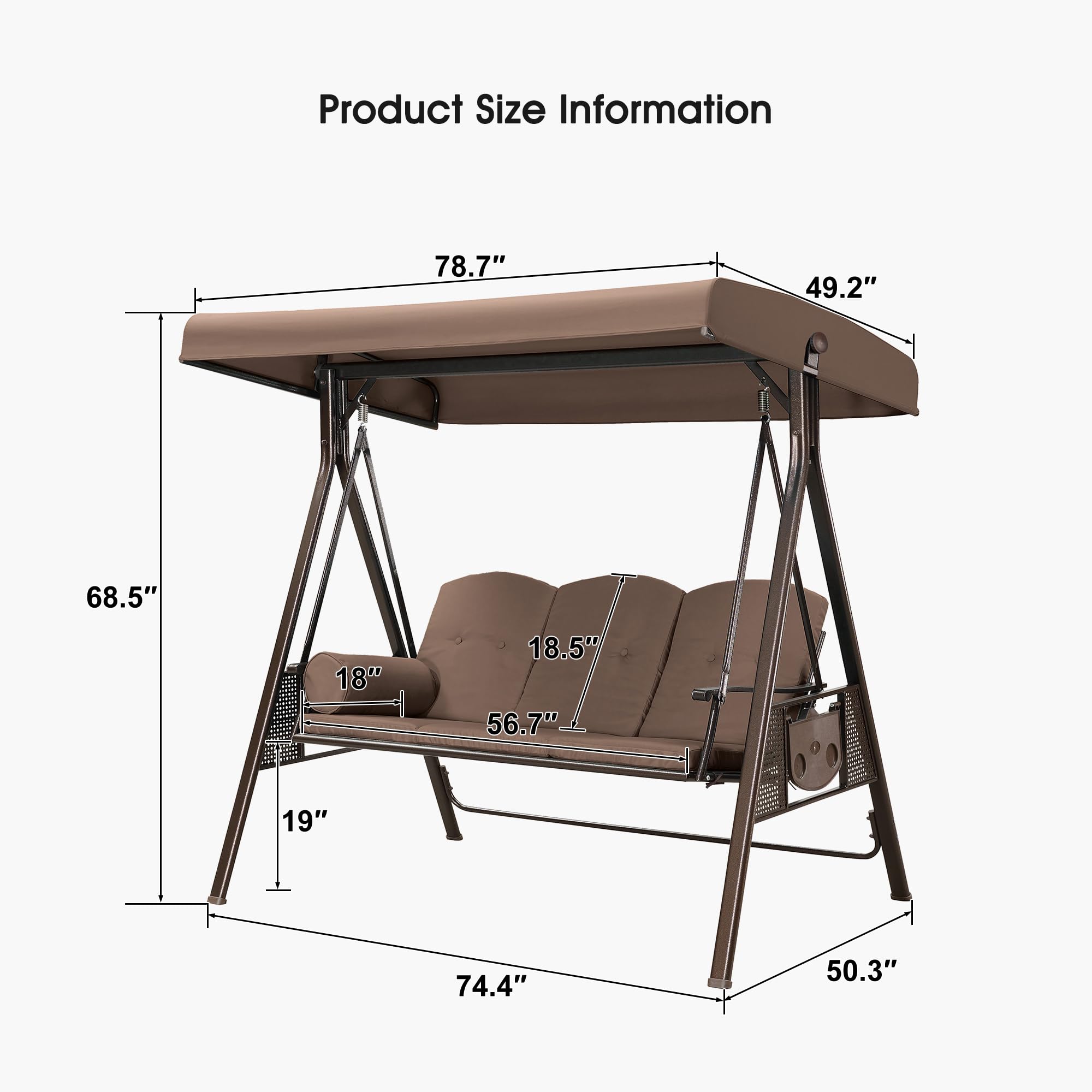 PURPLE LEAF 3-Seat Outdoor Patio Swing with Weather-Resistant Steel Frame, Adjustable Canopy & Cushions - Perfect for Garden, Porch, and Backyard Relaxation