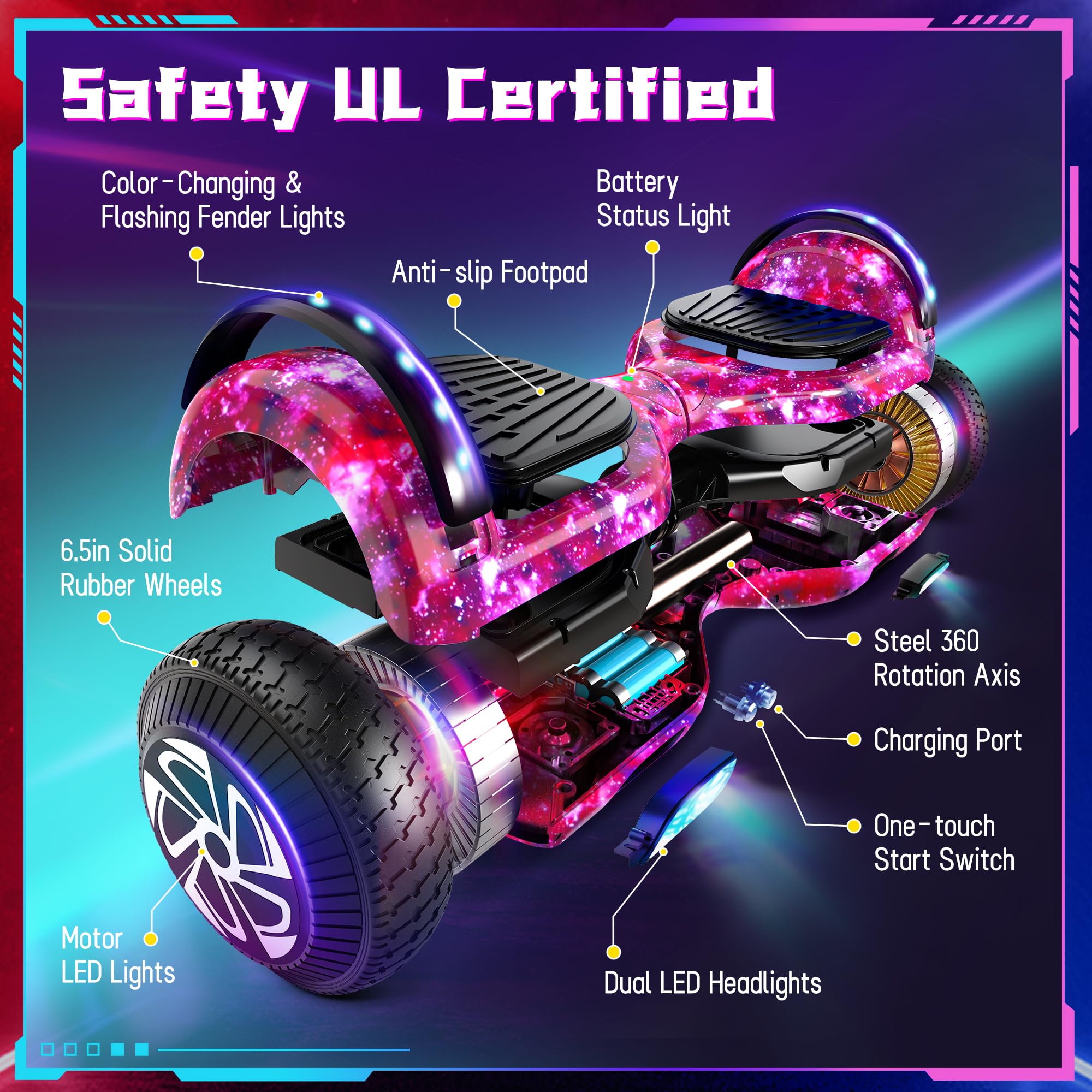 SISIGAD Hoverboard for Kids Ages 6-12 - Bluetooth Speaker & 6.5