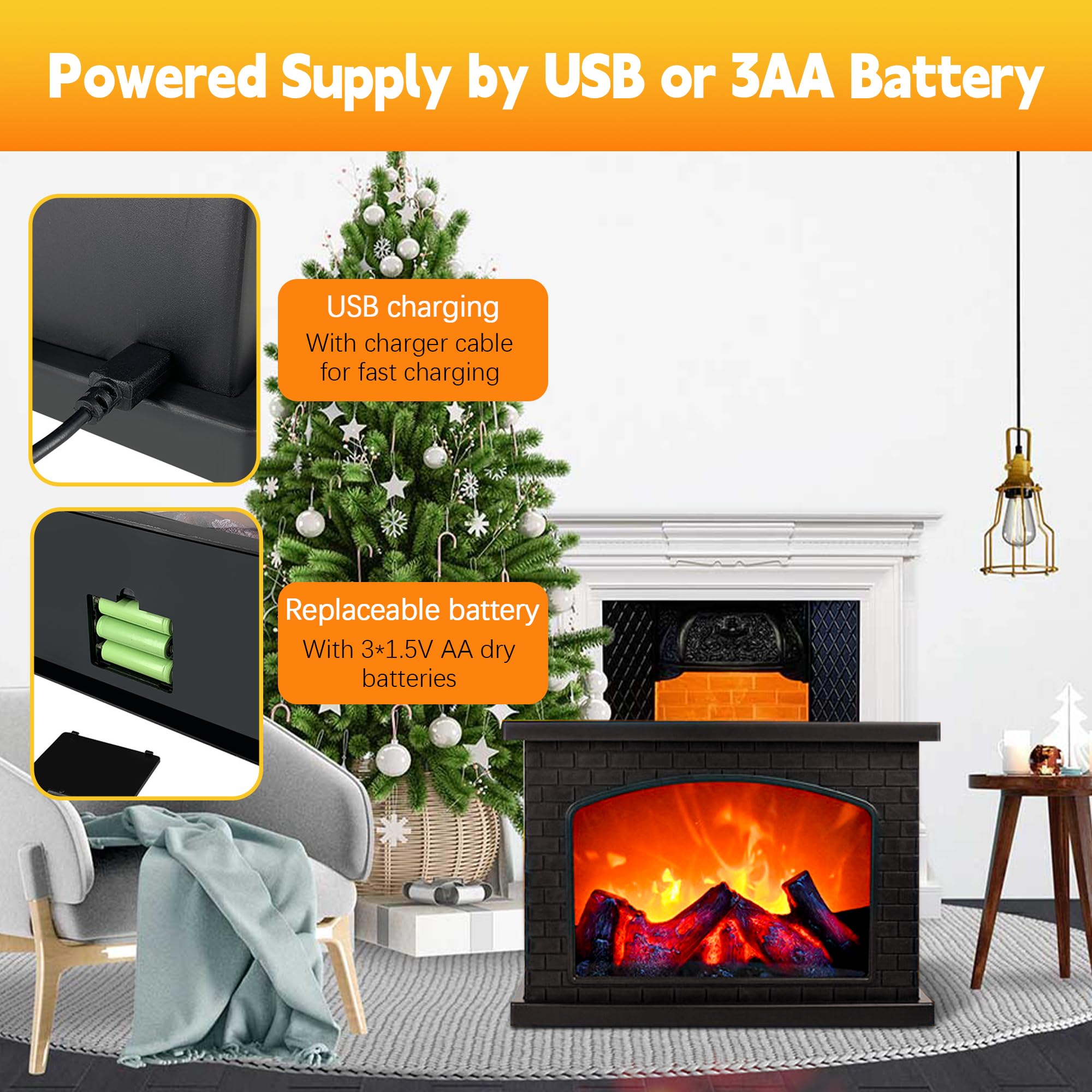 LED Fireplace Lanterns - Battery Operated & USB Rechargeable Fake Fireplace with Realistic Flame Effect - Indoor/Outdoor Christmas Decor for Home, Patio, Wedding, Party (Black, No Heater)
