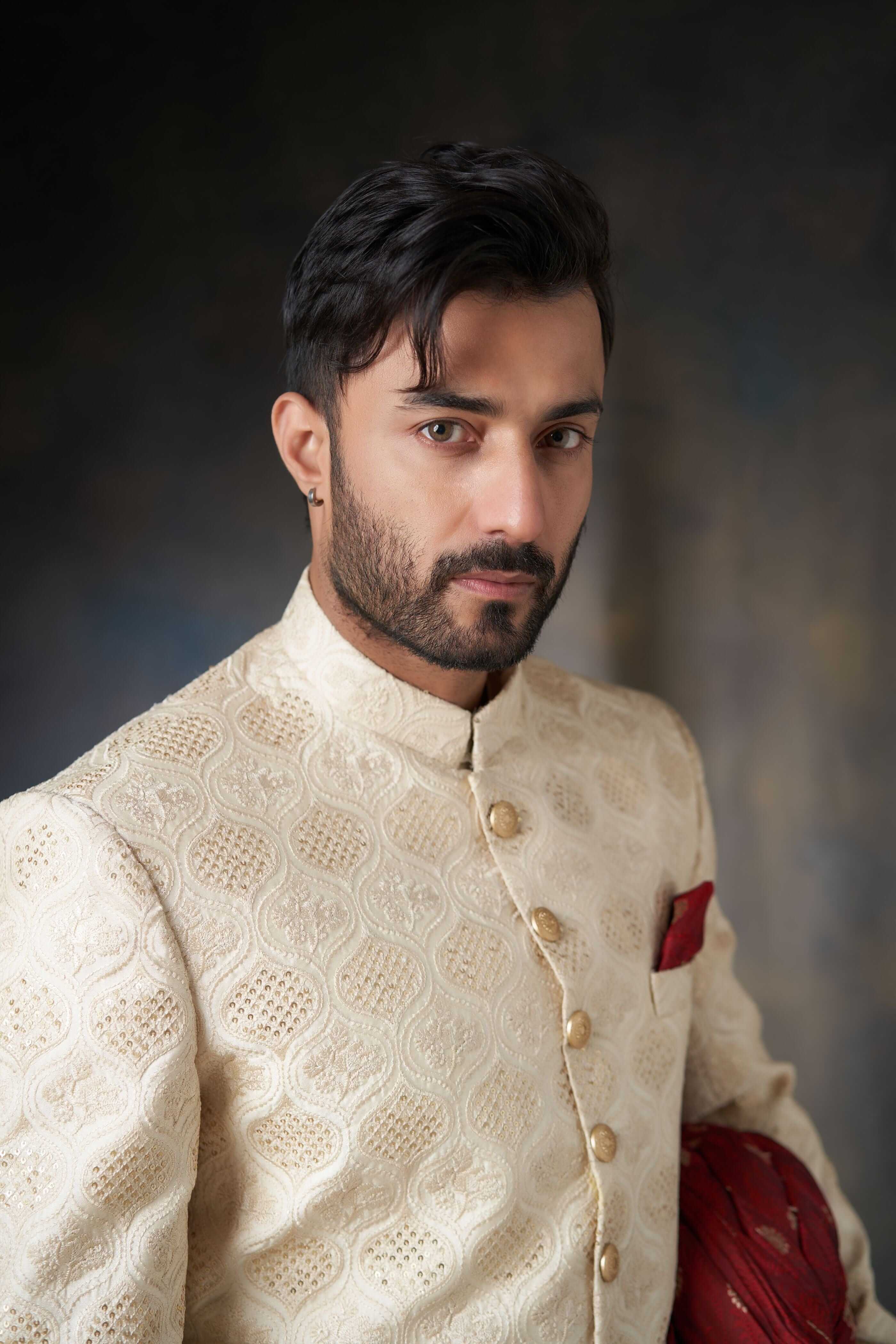 Elegant Fawn & Gold Raw Silk Sherwani with Sequins | Men's Traditional Indian Wedding Attire | Perfect for Weddings, Festivals & Special Occasions