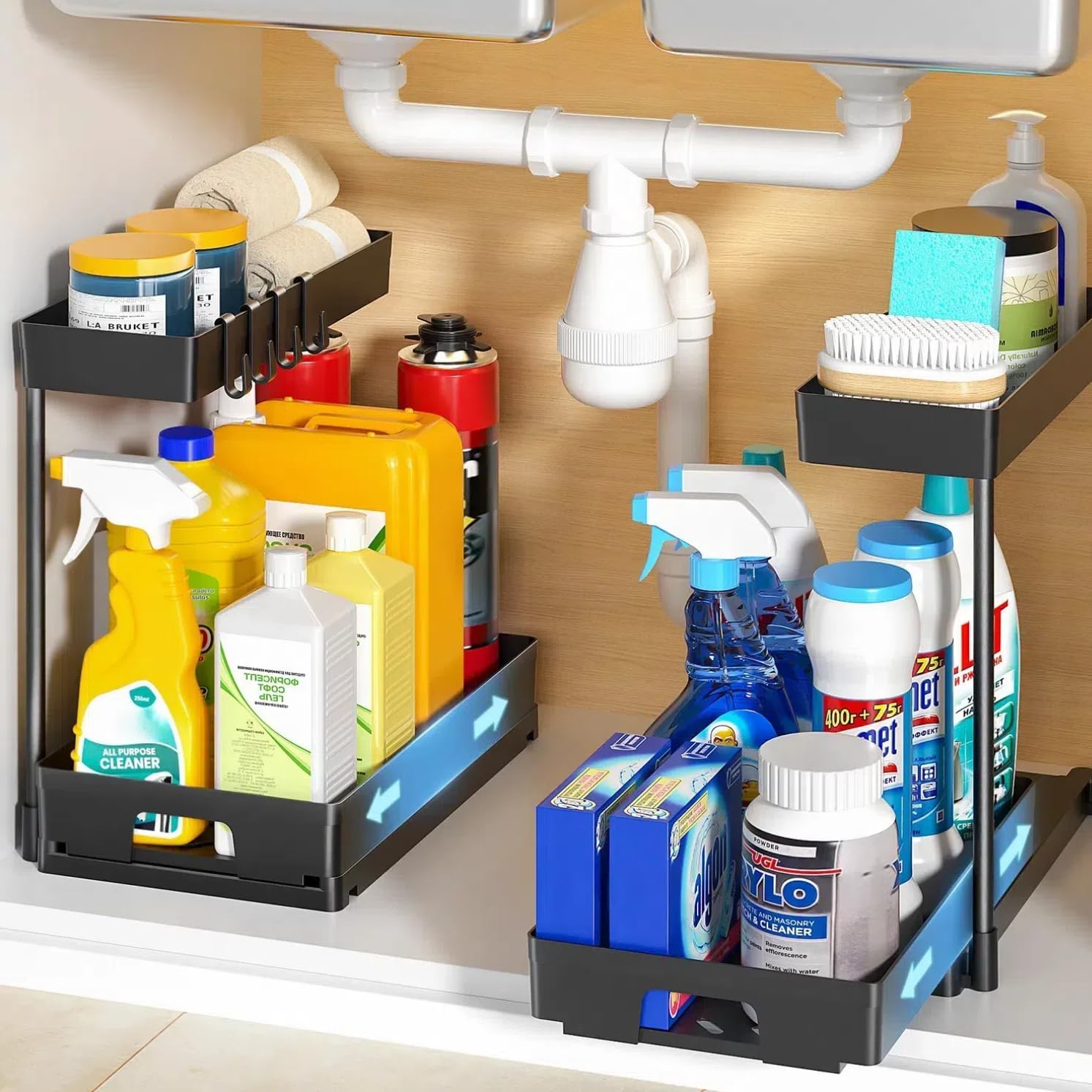 2 Pack Under Sink Organizers - 2 Tier L-Shaped Pull Out Cabinet Storage with Drawer for Kitchen & Bathroom | Space Saving Counter Organizer for Sponges, Cleaning Supplies & Toiletries