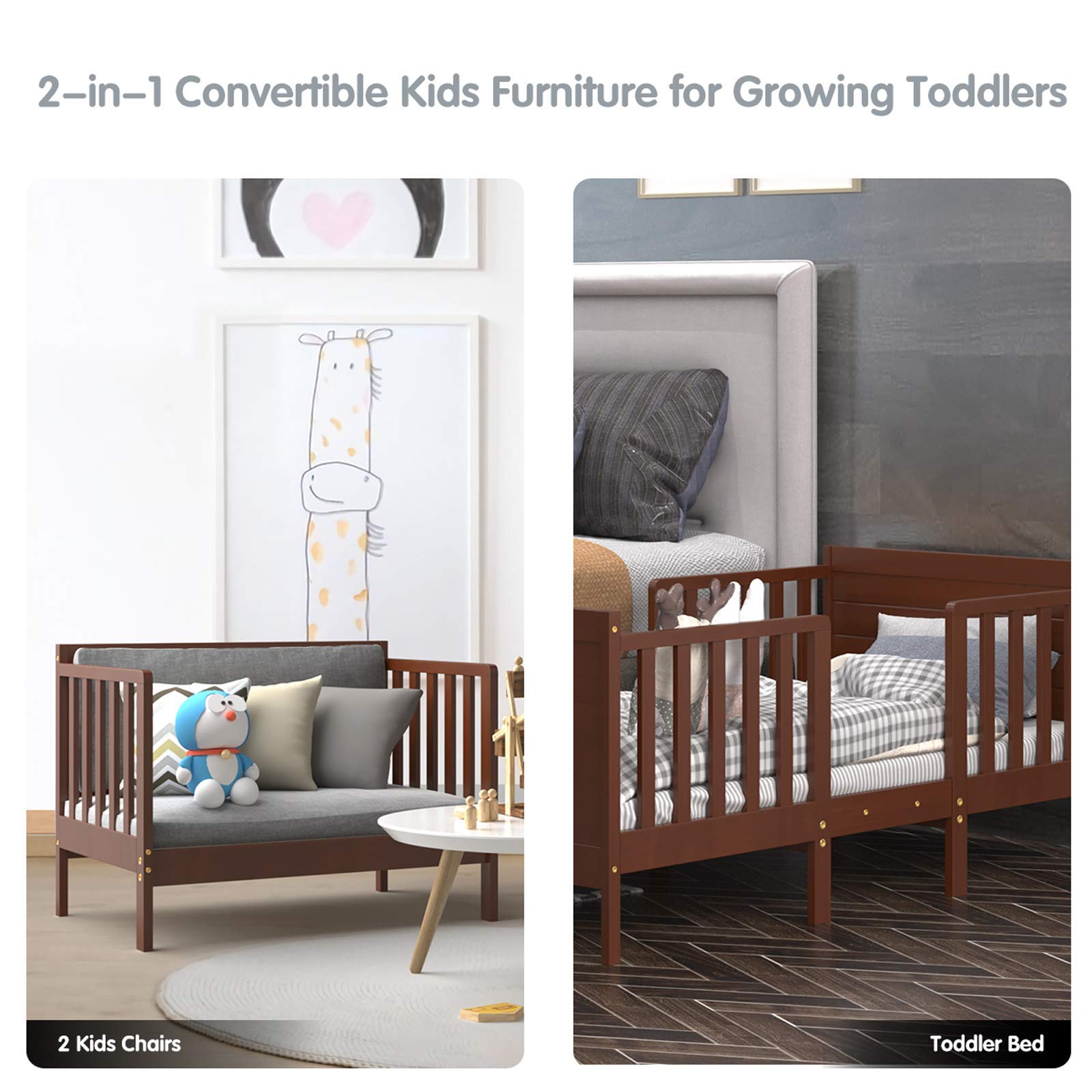 Costzon 2-in-1 Convertible Wood Toddler Bed Frame with Safety Guardrails & Footboard - Full Size Crib Mattress Compatible Floor Bed for Kids & Toddlers (Brown) - Perfect for Nursery, Daycare or Children's Bedroom