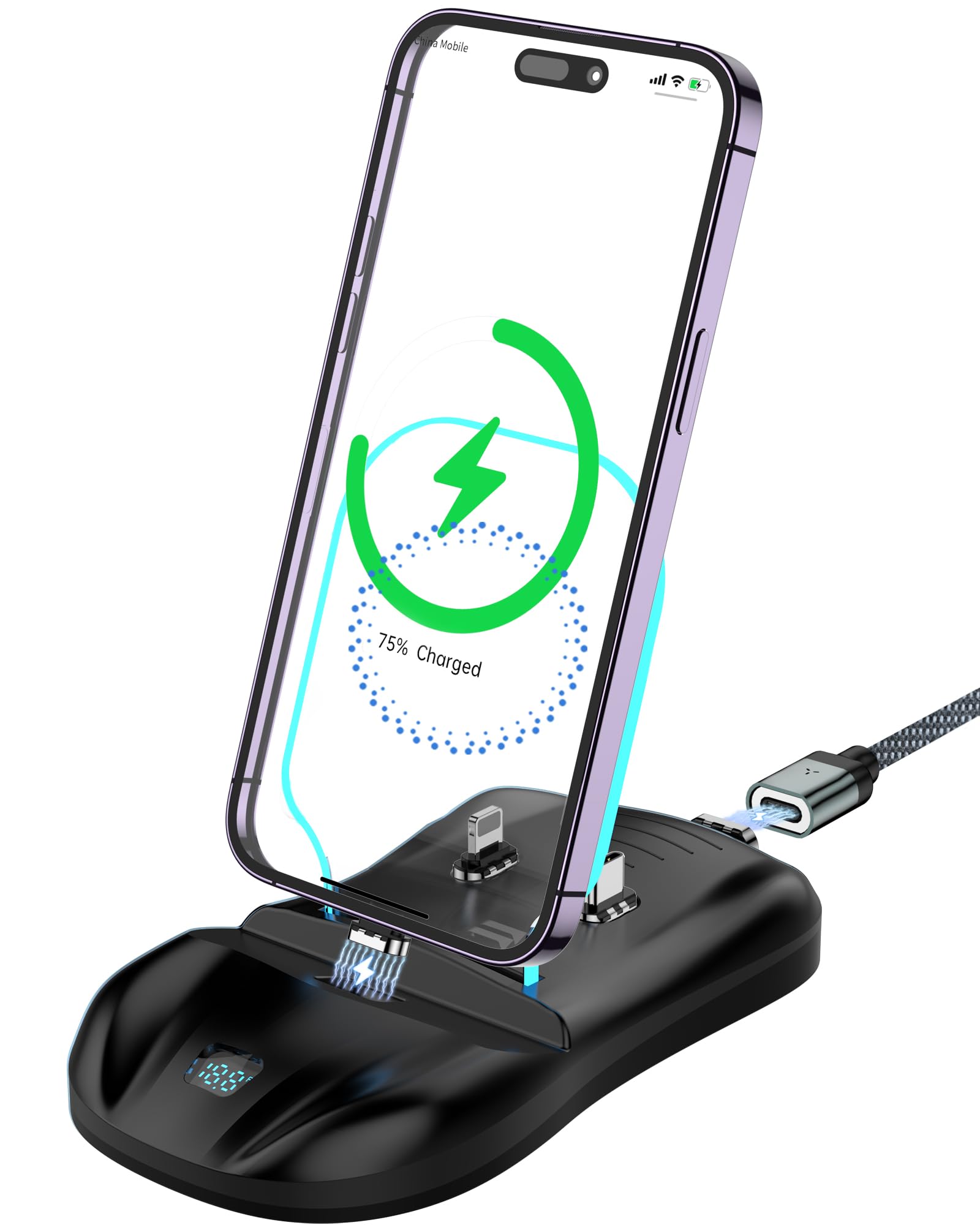 100W Magnetic Charging Station for iPhone 15/14/13 Pro Max, Samsung Galaxy, USB-C Devices & AirPods - Fast Multi-Device Wireless Charger Stand with Magnetic Cable (Black) | Perfect for Home, Office & Travel Charging Needs