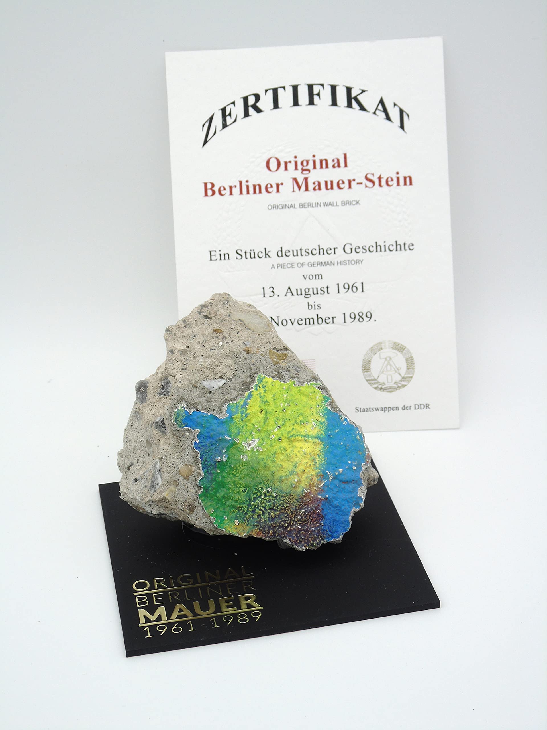 Authentic Piece of Berlin Wall with Certificate of Authenticity (CoA) - Large Fragment on Black Acrylic Base | Cold War Memorabilia, Historical Home Decor, Unique Gift for History Lovers