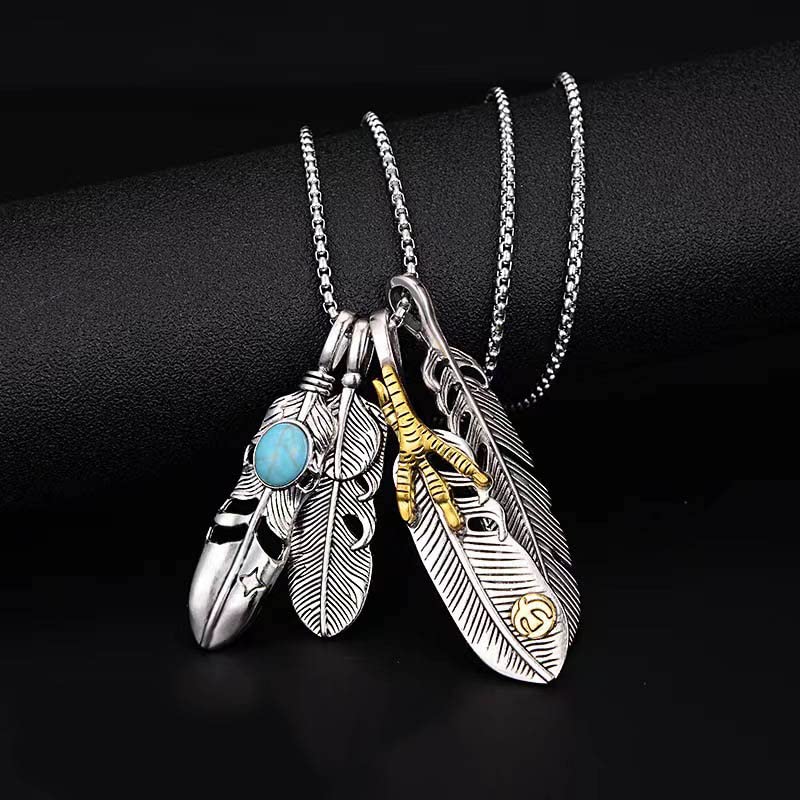 4 Pendant Feather Necklace for Men & Women - Stainless Steel Inlay Turquoise Necklace - Boho Chic Sweater Chain Jewelry - Perfect for Casual Wear, Parties & Gifts