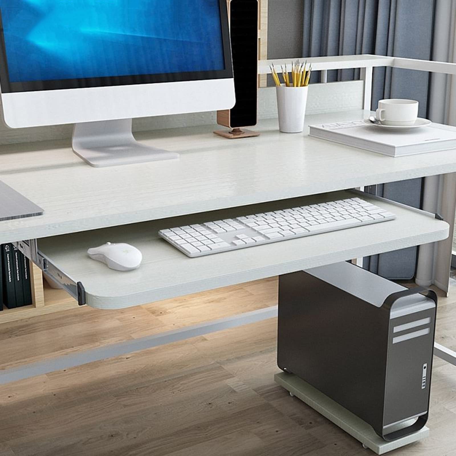 Ergonomic Slide-Out Keyboard Tray Under Desk - Adjustable Height Keyboard & Mouse Holder, 70cm x 27cm White Workspace Organizer - Perfect for Home Office, Gaming Setup & Computer Workstation - Eye Protection & Space Saving Design