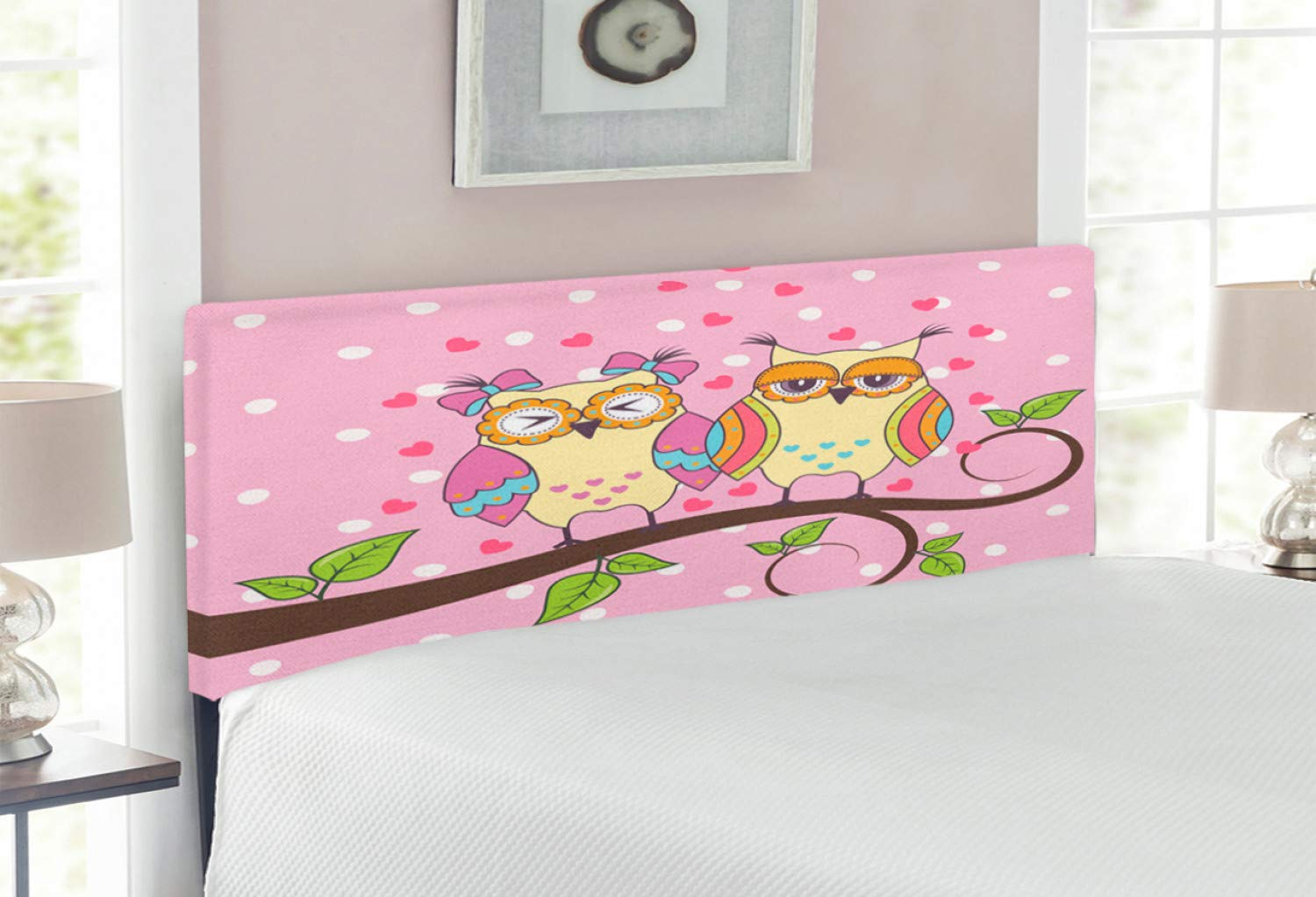 Ambesonne Owls in Love Headboard - Romantic Upholstered Metal Bed Headboard with Memory Foam, Full Size, Pale Yellow & Apple Green - Perfect for Bedroom Decor and Cozy Home Atmosphere