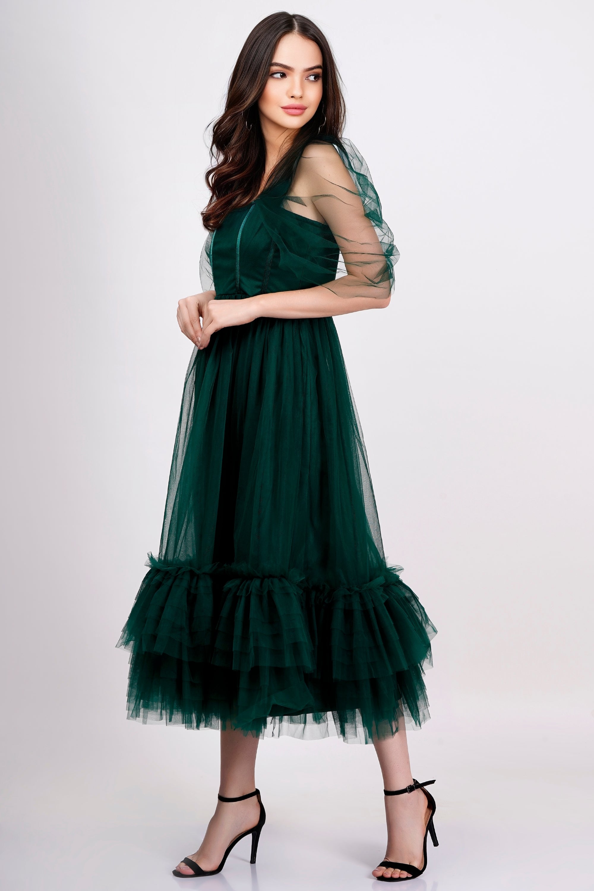 Jayne Emerald Green Tulle Midi Dress for Women - Elegant Party & Wedding Guest Dress - Perfect for Cocktail Parties, Bridesmaid, Prom & Special Occasions
