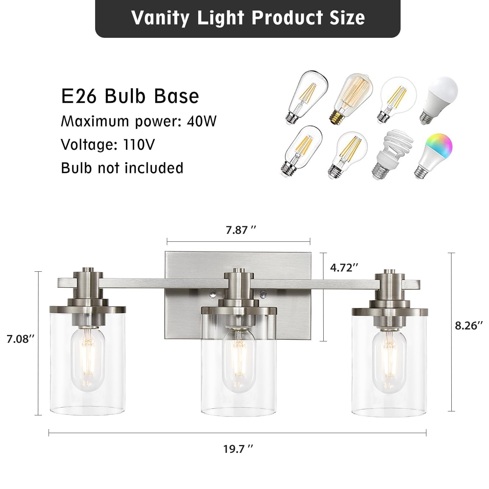 DADUL 3-Light Brushed Nickel Bathroom Vanity Light Fixture - Modern Wall Sconce with Clear Glass Shade for Mirror Lighting - Perfect for Bathroom, Powder Room, and Dressing Area Makeup Vanity