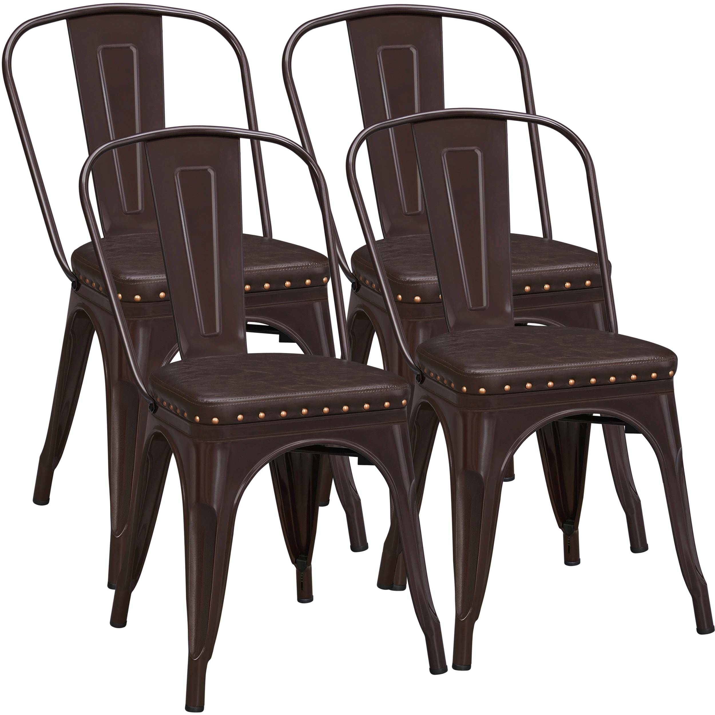 **Yaheetech 4-Pack Stackable Metal Dining Chairs with Soft Cushioned High Backrest - 18 Inch Dark Brown Industrial Kitchen Side Chairs for Home, Restaurant & Office Use**