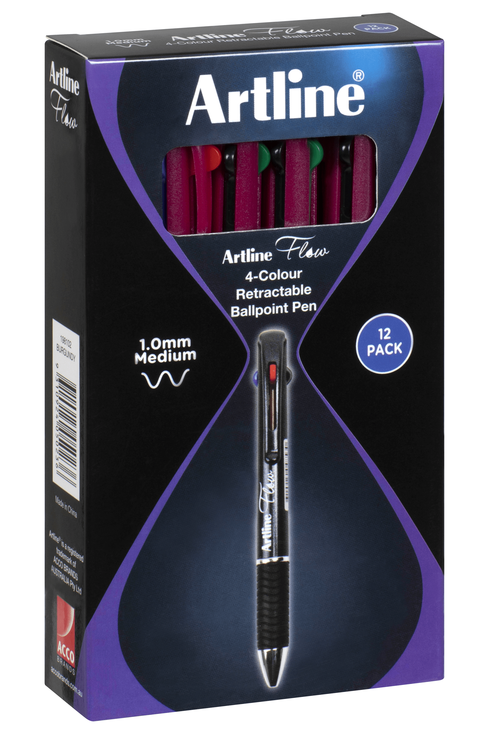Artline Flow 4-Color Retractable Ballpoint Pens - 12 Pack for School, Office & Note Taking - Smooth Writing Multicolor Pens for Students & Professionals