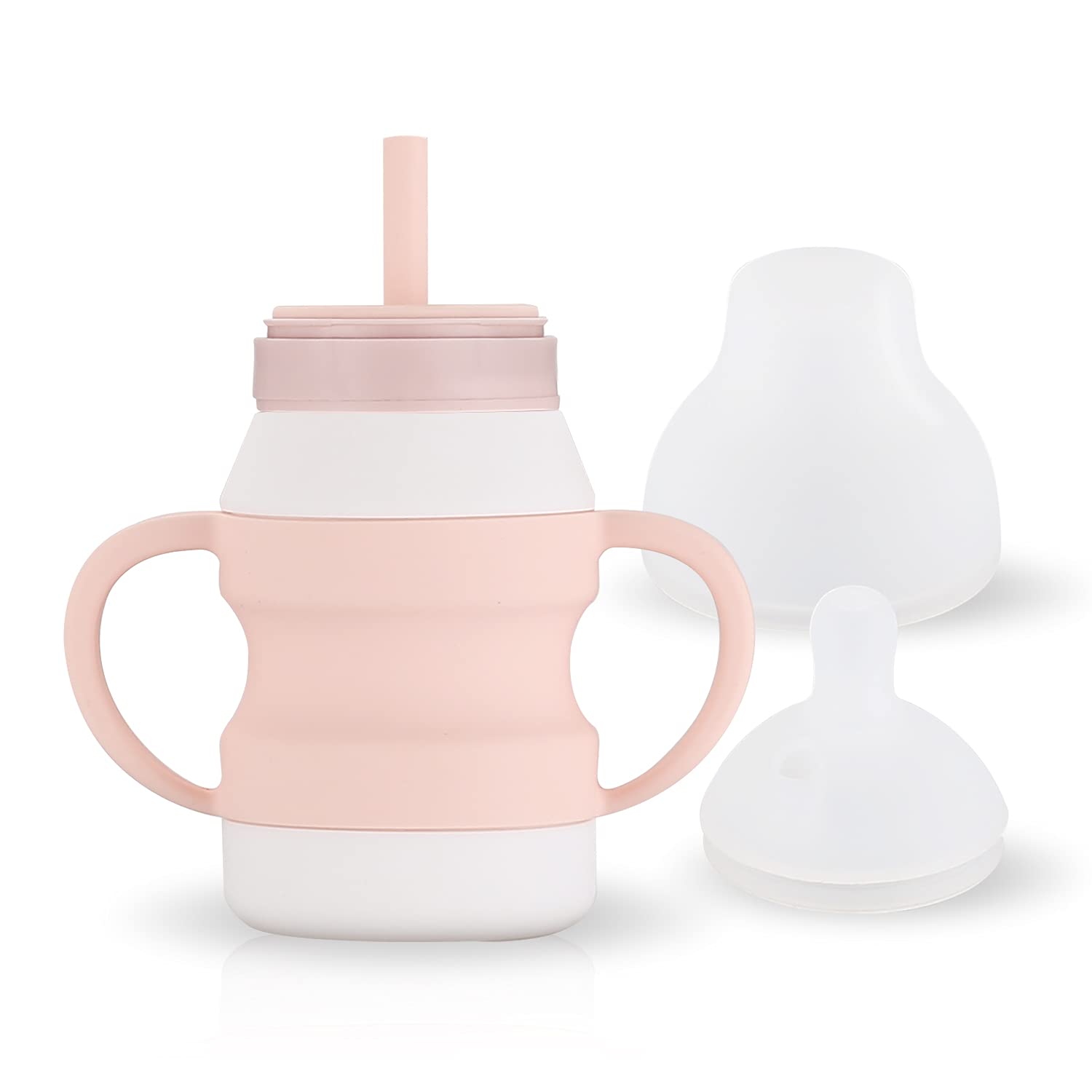 Kikonk Toddler Sippy Cups with Straw - BPA Free, Spill-Proof, 2 Spout Types, Removable Handles - Food Grade Silicone Baby Cup for Boys & Girls (Pink, 5.5x4.3x2.3in) - Perfect for Home, Travel & Daycare Use