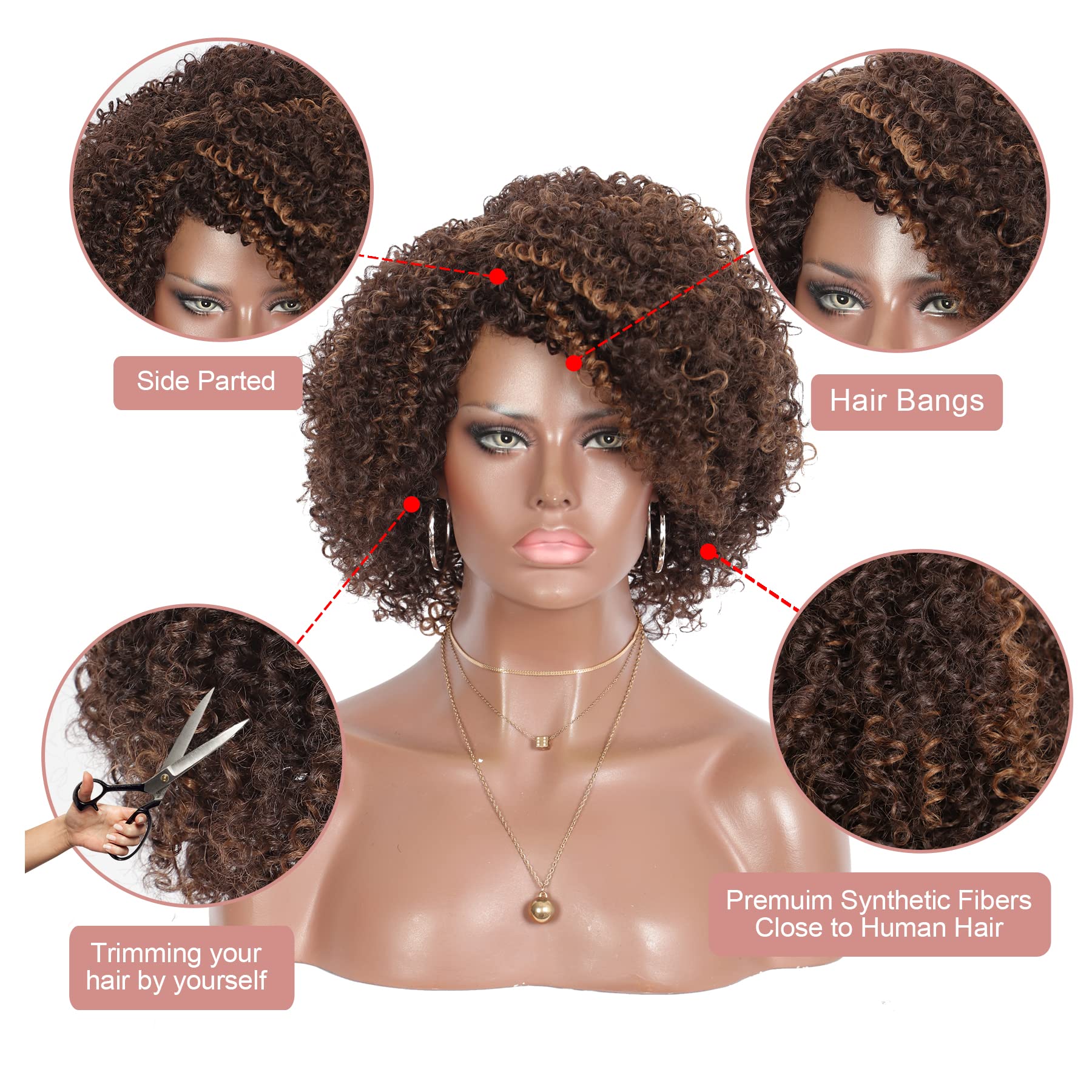 Premium Synthetic Afro Kinky Curly Wigs for Black Women - Kalyss Brown Highlights, 150% Density, Natural Looking with Bangs | Perfect for Cosplay, Daily Wear & Protective Hairstyles