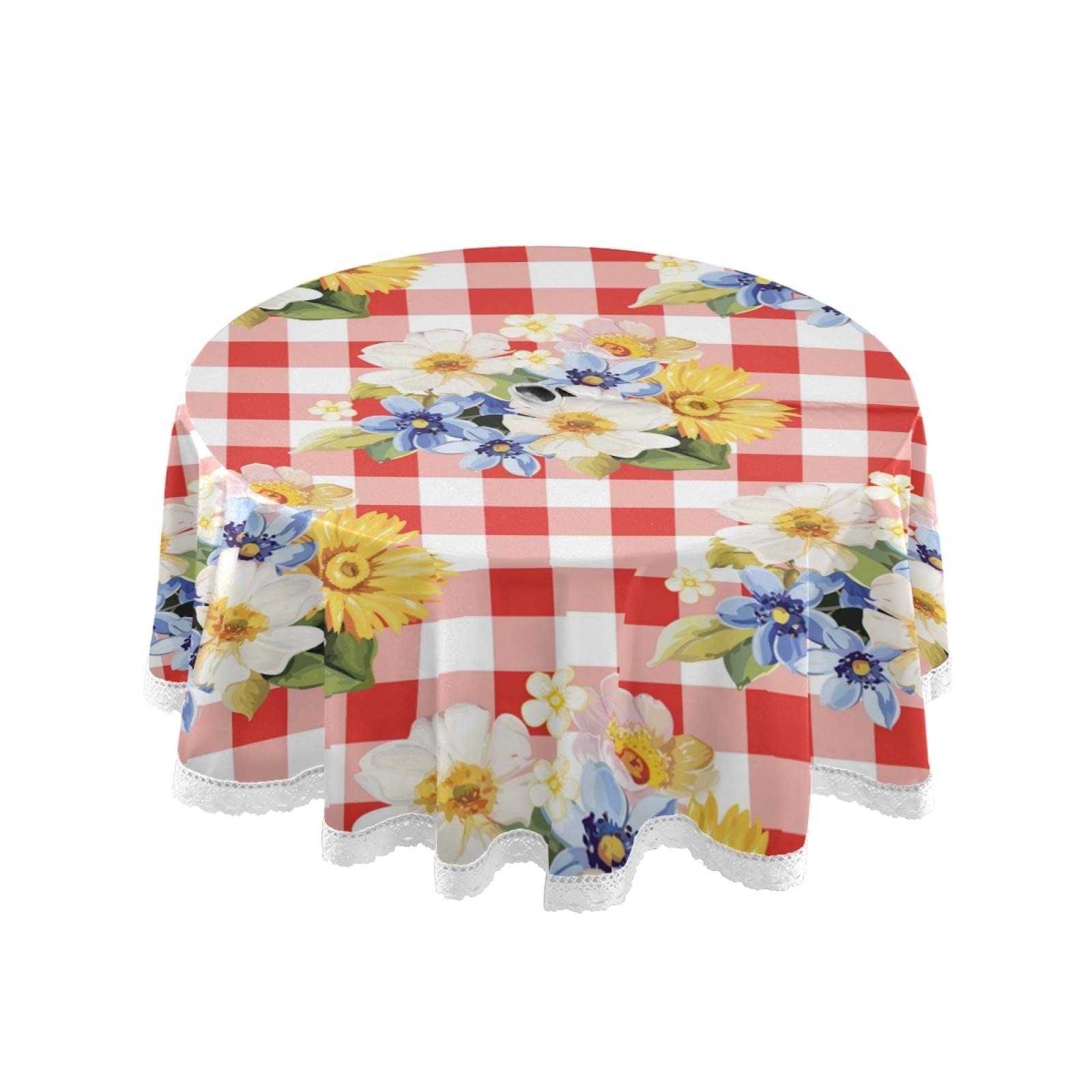 Waterproof Spillproof Round Tablecloth with Zipper Umbrella Hole - Indoor Outdoor Patio Table Cover for Backyard Parties, Picnics, BBQs & Spring Summer Gatherings (Red Stripe Blue White Yellow Flower Design)