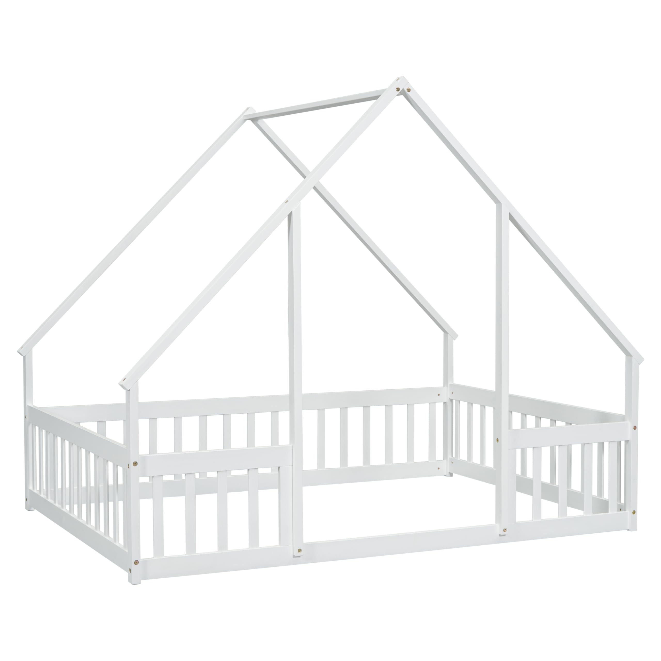 Bellemave Full Size Wooden House Floor Bed for Kids - Montessori Style Playhouse Bed Frame with Safety Fence for Boys & Girls - Perfect for Bedrooms, Playrooms and Montessori Learning Spaces (White)