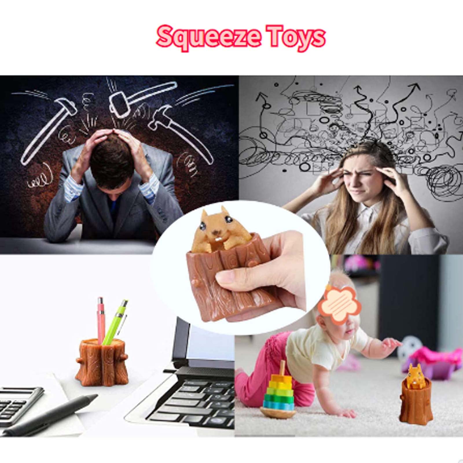 2-Pack Stress Relief Squeeze Squirrel Toys - Funny Sensory Fidget Toys for Kids & Adults, Soft Decompression Squishy Evil Squirrel Cup - Perfect for Anxiety Relief, Office Desk Toys, and Classroom Sensory Play