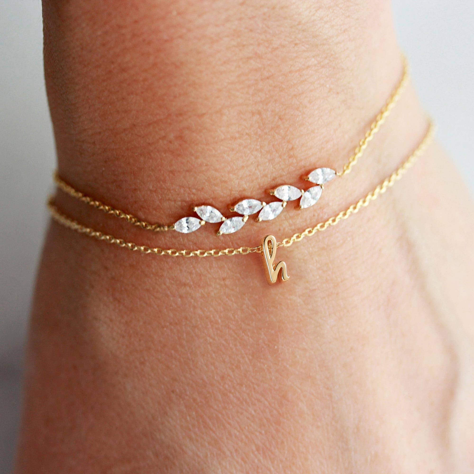 Turandoss 14K Gold Plated Initial Charm Bracelet for Women - Layered Gold CZ Leaf Bracelet, Bridesmaid Proposal Gift, Bride Gift - Perfect for Weddings, Anniversaries & Special Occasions