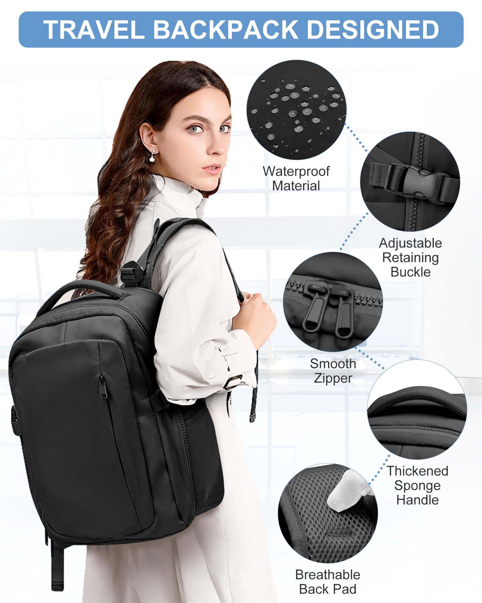 Suradar Lightweight Travel Backpack for Women & Men - TSA Approved Carry On Flight Backpack, Laptop Daypack for Work, Business, College, Hiking & Casual Use - Perfect Personal Item Bag for Airports, Commuting & Outdoor Adventures (Black)