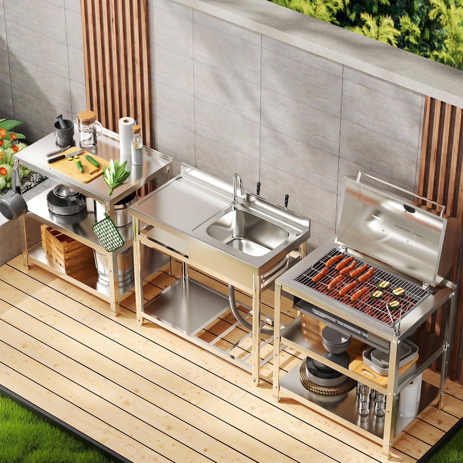 Commercial Stainless Steel Utility Sink with Workbench & Storage - Heavy Duty Single Bowl Restaurant Kitchen Sink for Indoor/Outdoor Use - Includes Hot & Cold Water Pipes - Ideal for Restaurants, Food Trucks, Laundry Rooms & Outdoor Cooking Stations