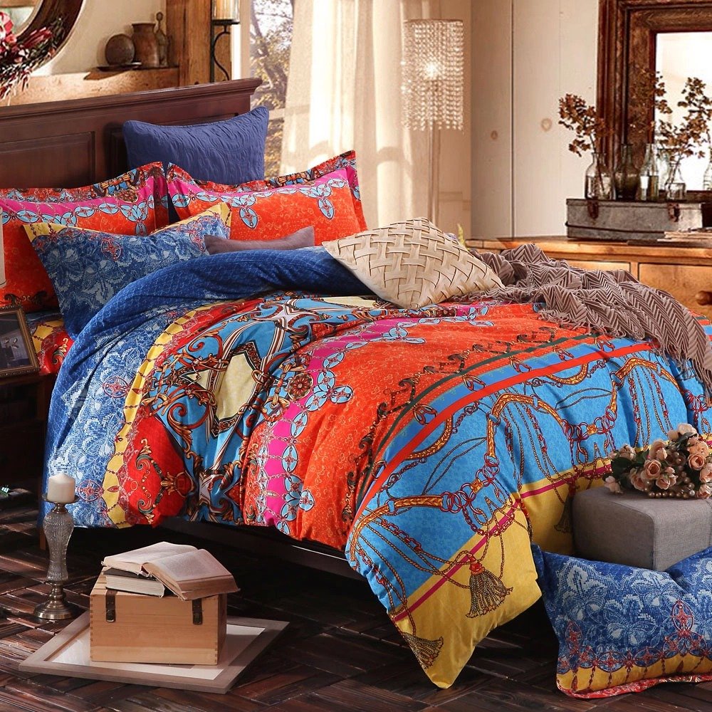Bohemian Bedding Set - 4PC Boho Duvet Cover with Peacock & Paisley Design, Full/Queen/King Size, Colorful & Unique Home Textile for Bohemian Style Bedroom Decor - Perfect for Guest Rooms, Dorms, or Boho-Chic Home Styling