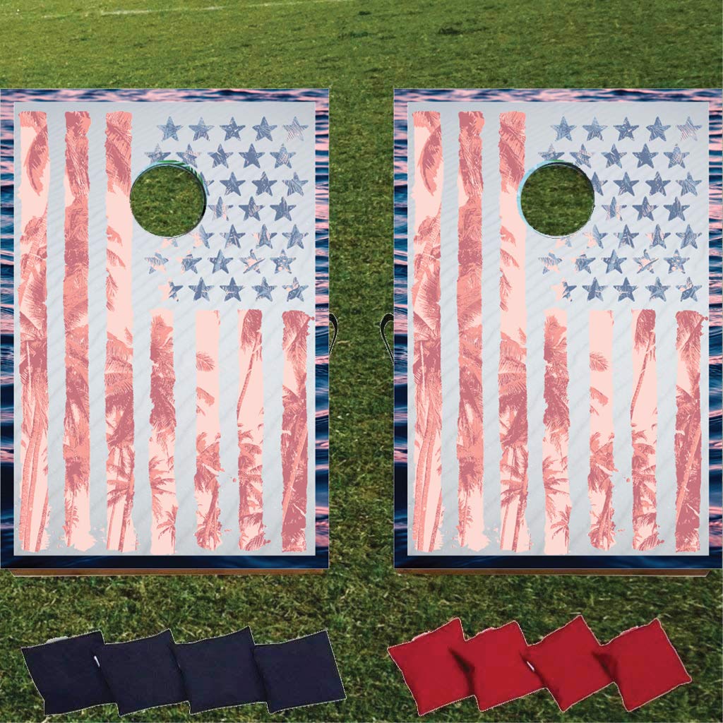 VictoryStore Tropical American Flag Cornhole Game Set - Patriotic Outdoor Bag Toss with 8 Bean Bags & Wooden Boards - Perfect for Backyard BBQs, Tailgating, and 4th of July Parties