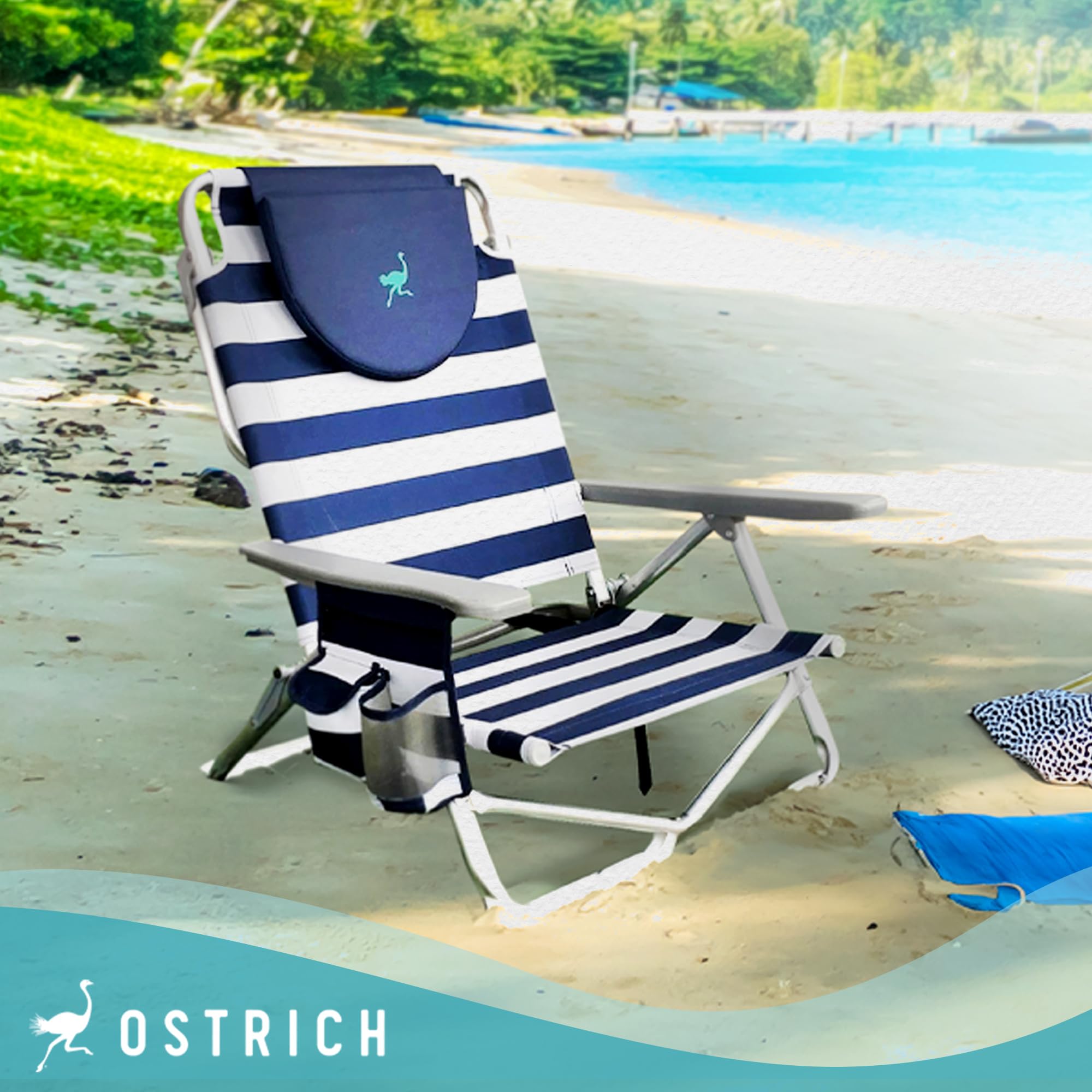 Ostrich On-Your-Back Sand Chair - Portable Beach Recliner with Backpack Straps - Lightweight Outdoor Lounge Chair for Pool, Camping, Backyard & Picnics - Blue Stripe Design - Perfect for Beach Vacations, Tailgating & Outdoor Relaxation