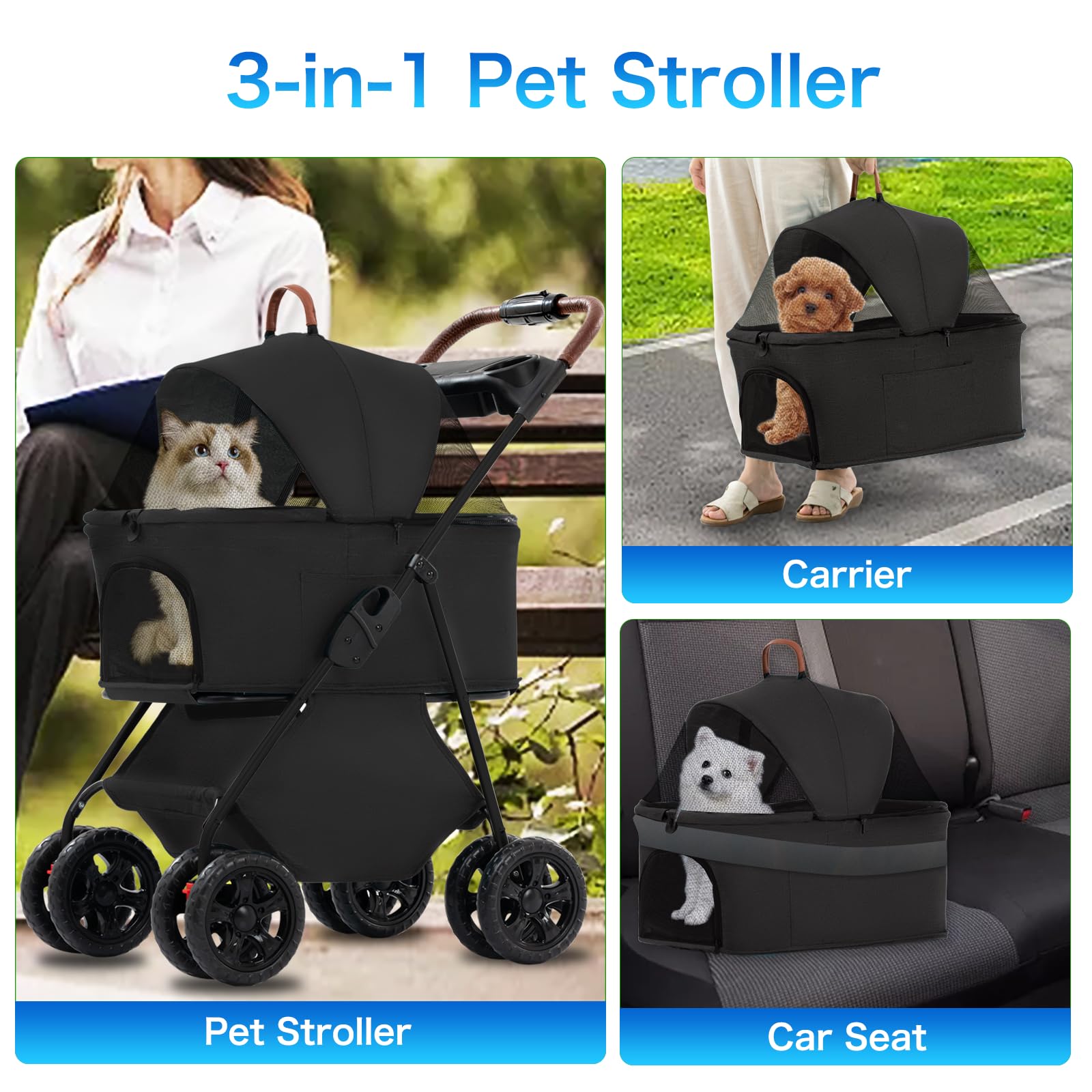 3-in-1 Foldable Pet Stroller for Small & Medium Dogs & Cats - 4 Wheel Multifunctional Travel System with Storage Basket | Perfect for Outdoor Walks, Vet Visits & Shopping Trips