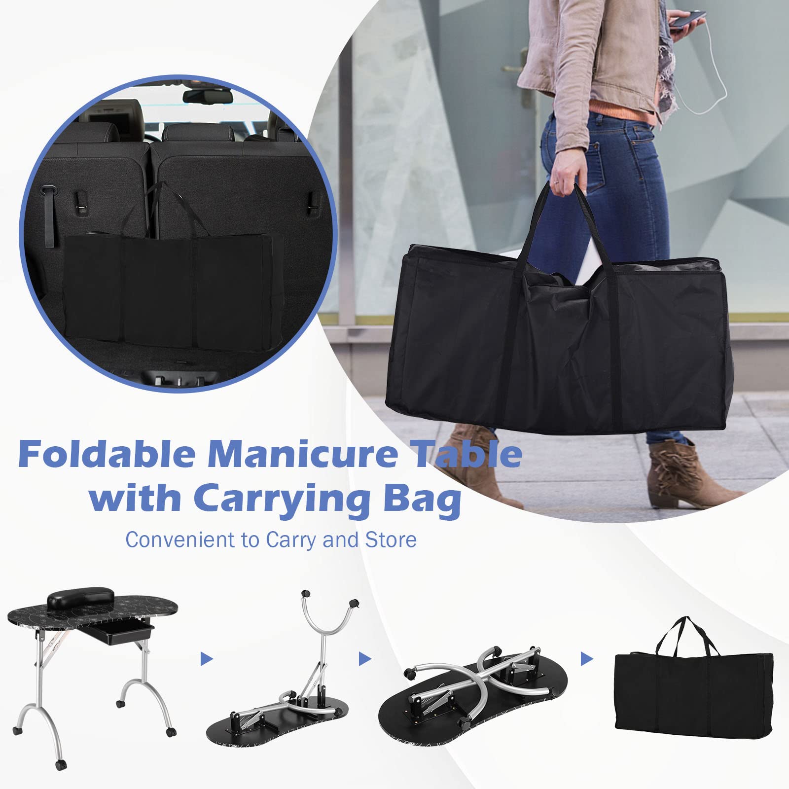 Giantex Portable Foldable Nail Tech Table with Large Drawer, Wrist Rest & 4 Lockable Casters - Professional Manicure Station for Salon Technicians (Black) | Includes Carrying Bag - Perfect for Home & Professional Nail Salons, Mobile Nail Services & Beauty Studios