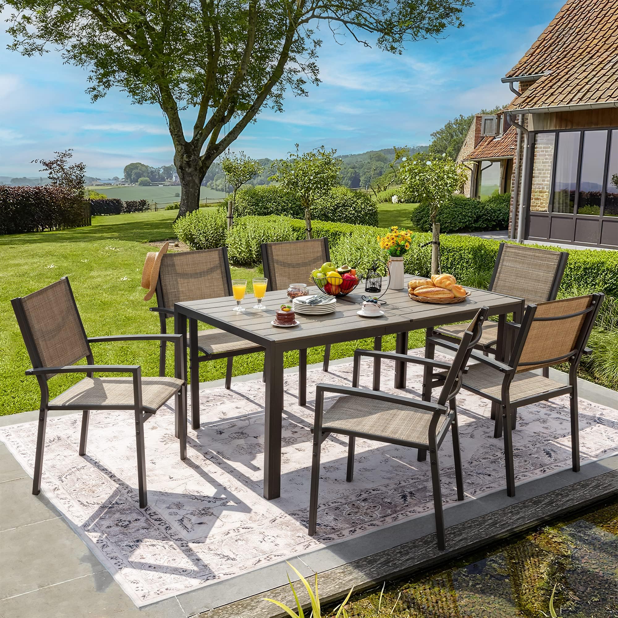 **Flamaker 7-Piece Patio Dining Set - Outdoor Metal Frame Furniture with 6 Textilene Chairs & Rectangular Table - Perfect for Backyard, Lawn, Garden, and Poolside Gatherings (Brown)**