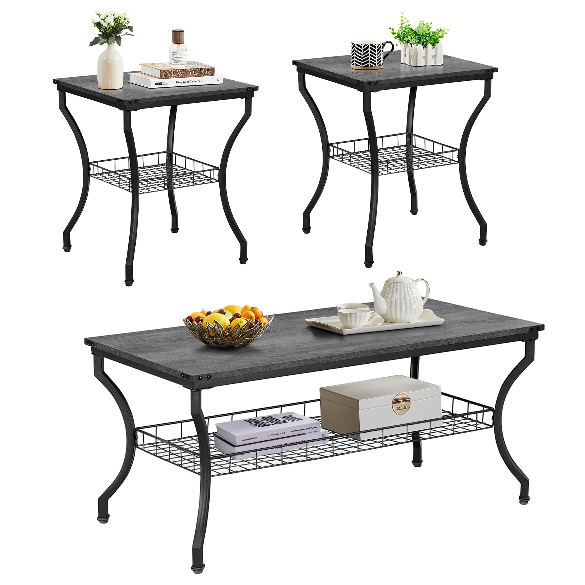 VECELO 3-Piece Living Room Set - Modern Coffee Table and End Tables with Open Storage Shelves, Easy Assembly, Dark Grey - Perfect for Apartments, Home Offices & Small Spaces | Ideal for Living Room Decor, TV Stand, and Extra Storage
