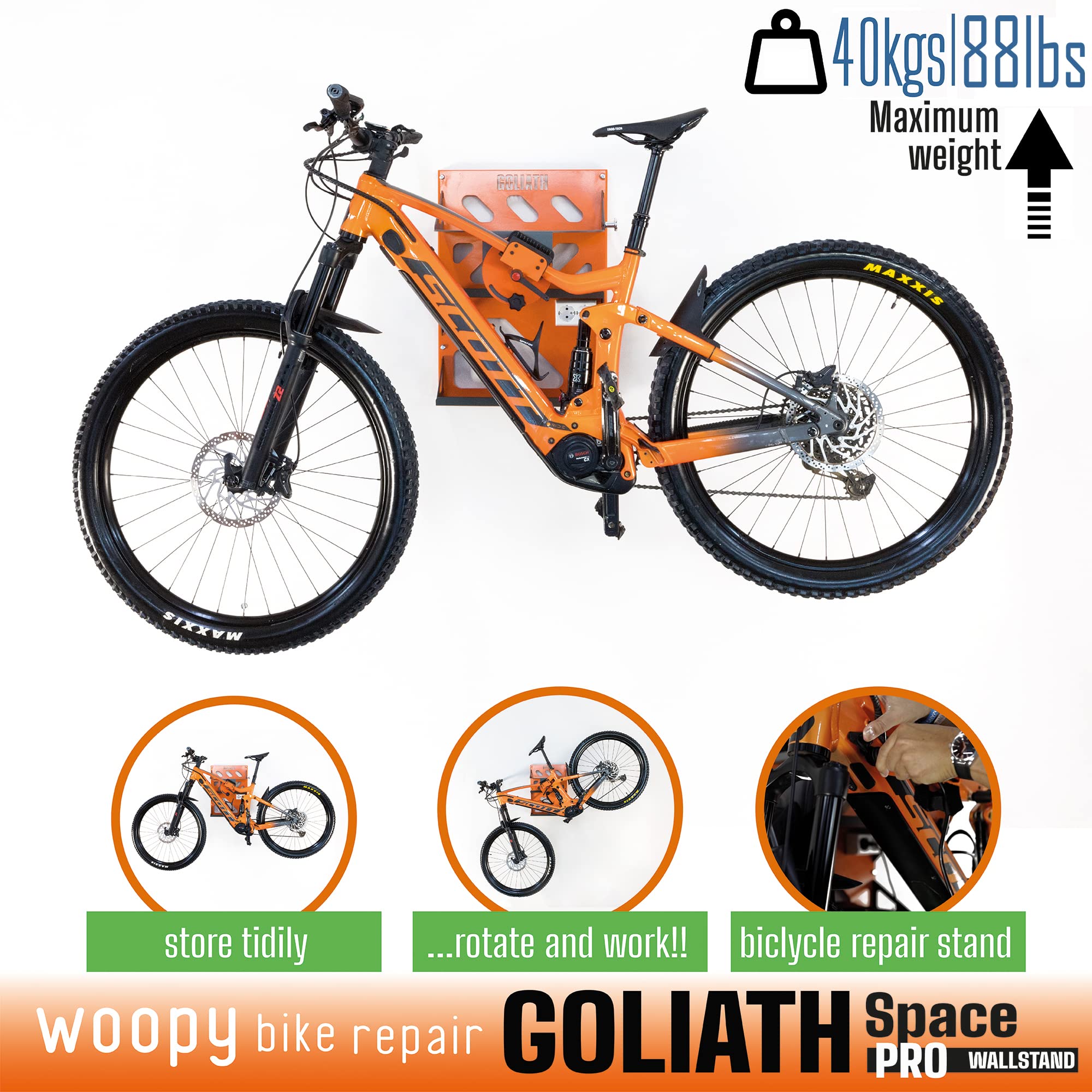 WOOPY Vertical Bike Wall Mount - Heavy Duty Bike Rack for Garage & Home Storage (88 lbs Capacity) - Space Saving Bicycle Hanger for Indoor/Outdoor Use - Perfect for Bike Maintenance & Organization - Goliath Space PRO