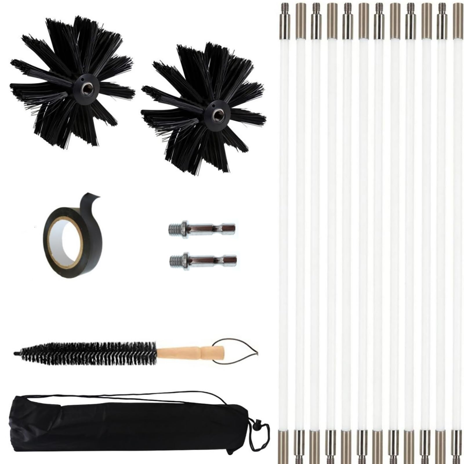 19-Piece Chimney & Dryer Vent Cleaning Kit - 12 Nylon Rods, 2 Brush Heads, 2 Drill Connectors, 1 Long Brush - Fireplace & Duct Cleaning Tools for Home Maintenance & Safety