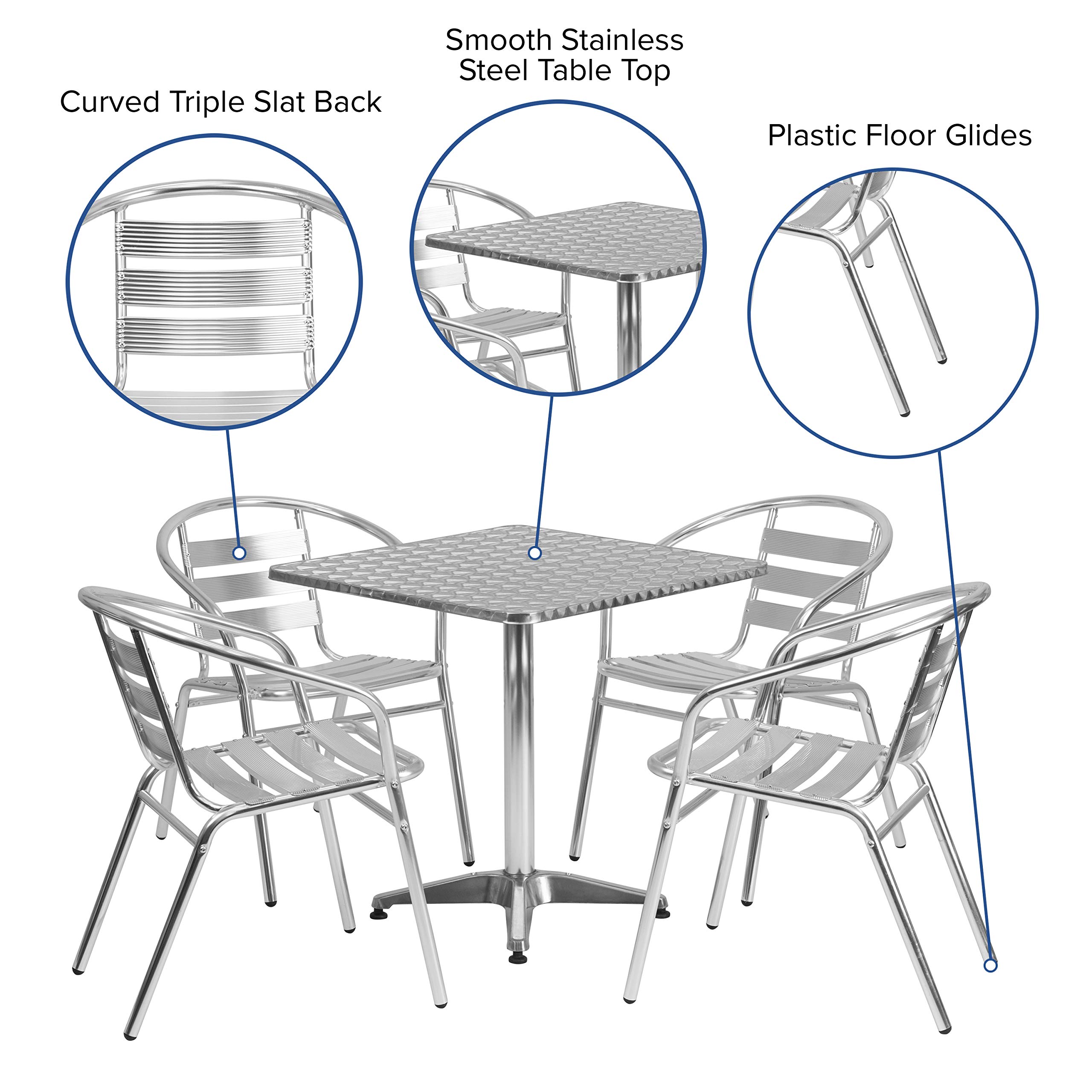 Flash Furniture 5-Piece Aluminum Patio Dining Set with Square Table & 4 Slat Back Chairs - Indoor/Outdoor Bistro Set in Silver | Perfect for Backyard, Garden, Poolside & Restaurant Outdoor Seating