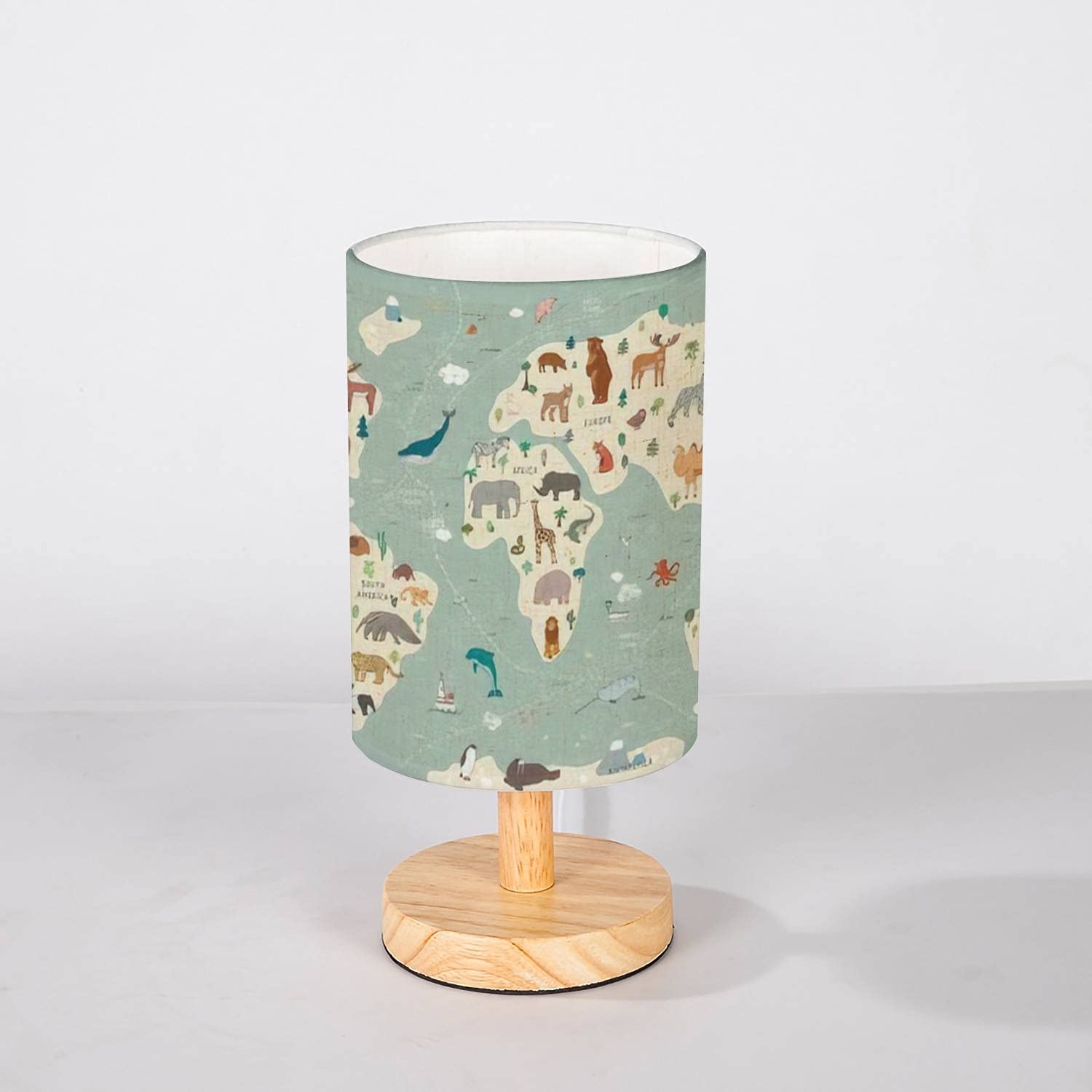 Hand-Drawn World Map Animal Nightstand Lamp - Solid Wood Base with Linen Shade, Minimalist Bedside Lighting for Bedroom, Living Room & Office | Perfect Reading Light and Cozy Home Decor