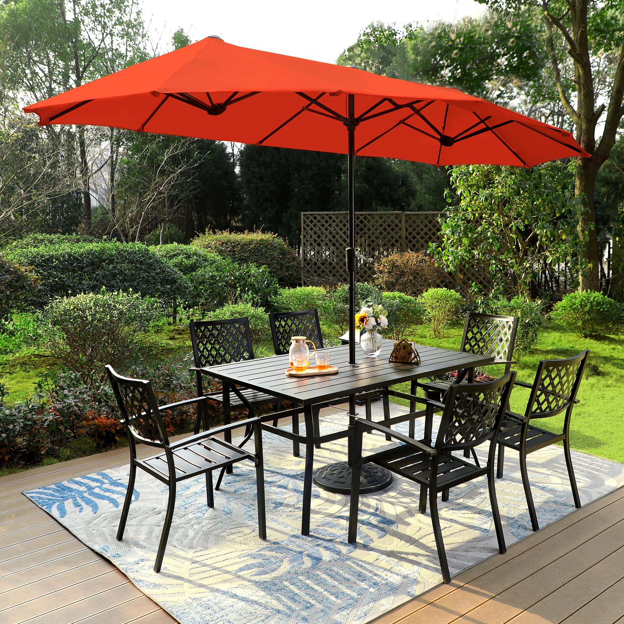 PHI VILLA 8-Piece Outdoor Dining Set with 13ft Double-Sided Patio Umbrella - Metal Patio Furniture Set Includes 6 Stackable Chairs & Rectangle Table - Perfect for Backyard, Garden, Poolside and Outdoor Entertaining