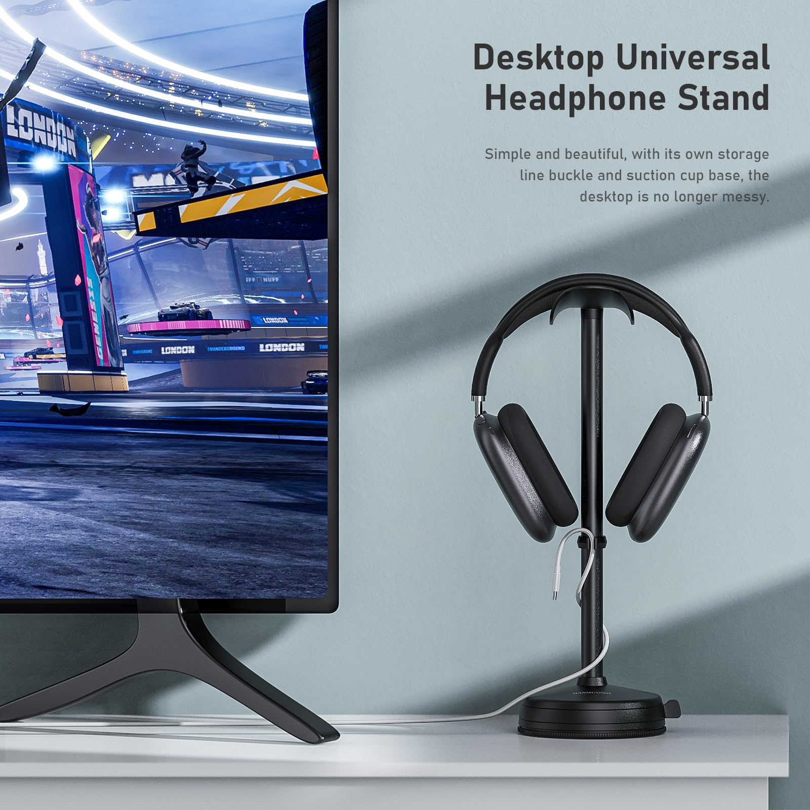 Premium Aluminum Headphone Stand with Anti-Slip Heavy Base & Suction Cup - Universal Desktop Headset Holder for AirPods Max, AirPods Pro, Sony, Beats, Bose, Sennheiser, HyperX, Razer - Perfect for Gaming Setup, Office Desk & Home Organization