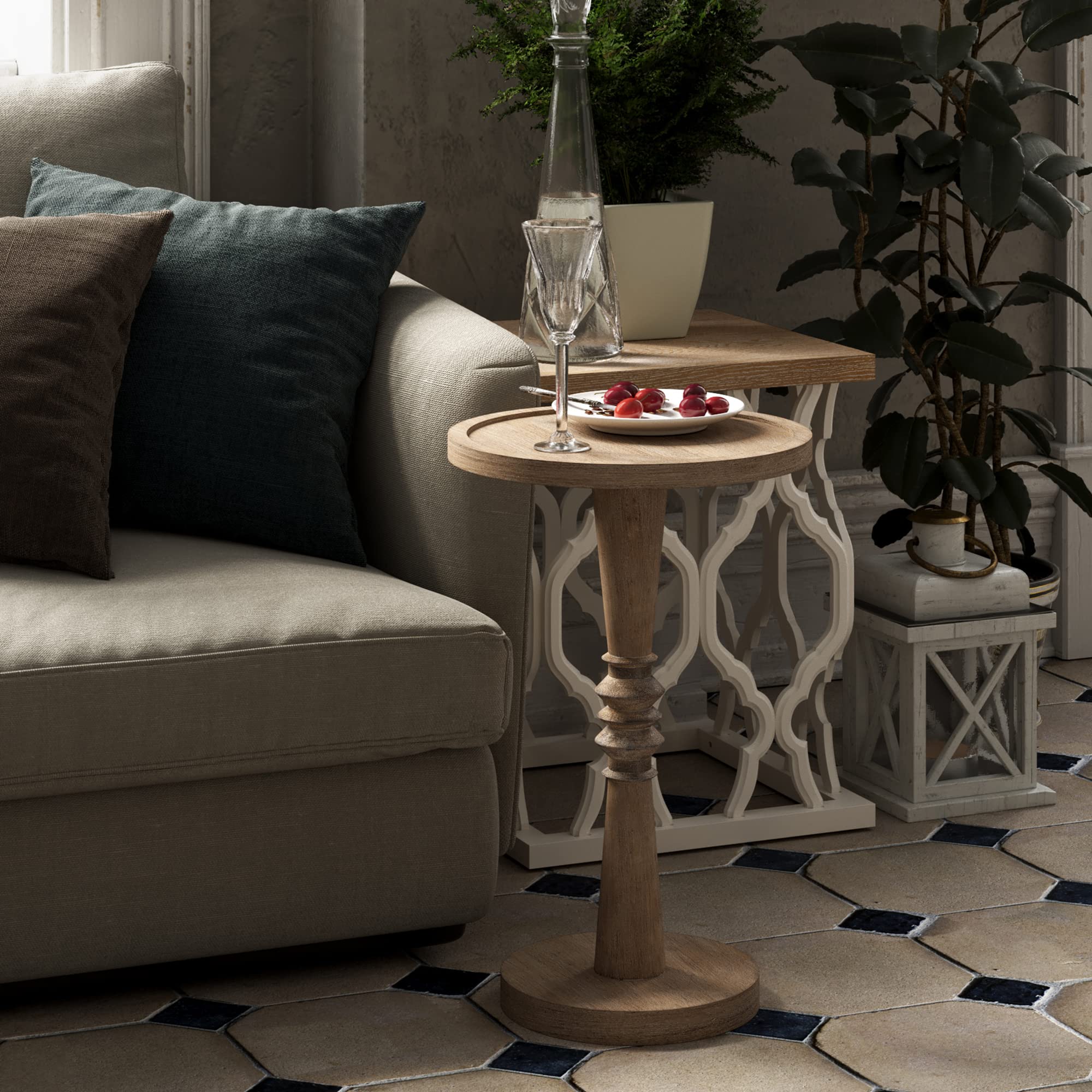 LONYKE Farmhouse Round End Table with Tray Top - Distressed Wood Side Table for Living Room, Bedroom, or Office - Perfect for Drinks, Books, and Decor
