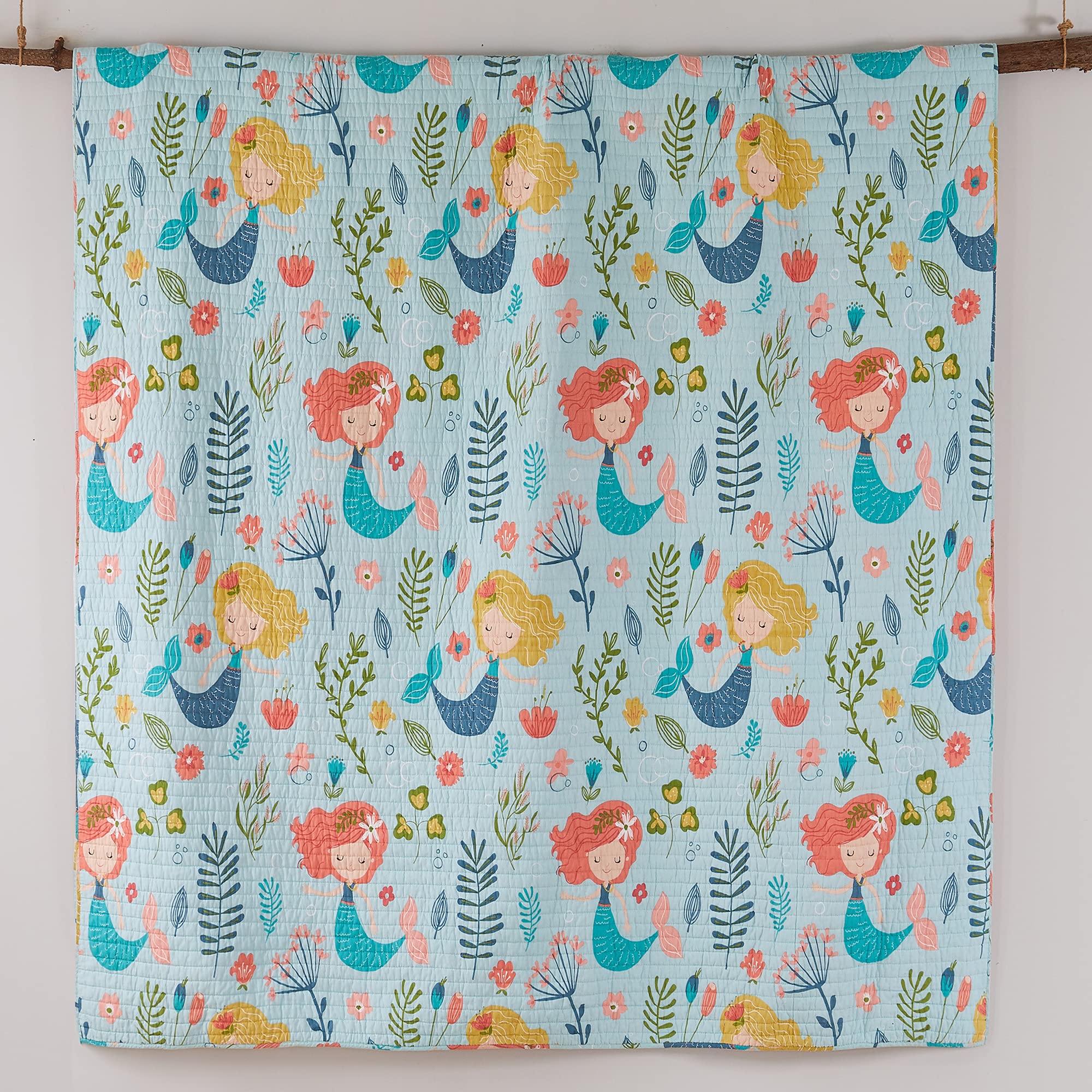 Levtex Home Andrina Reversible Cotton Quilt Set - Full/Queen Size (88x92in) with 2 Standard Pillow Shams (26x20in) - Pink, Peach, Turquoise, Yellow & Green Mermaid Design - Soft Bedding for Girls' Room, Guest Bedroom or Coastal Decor