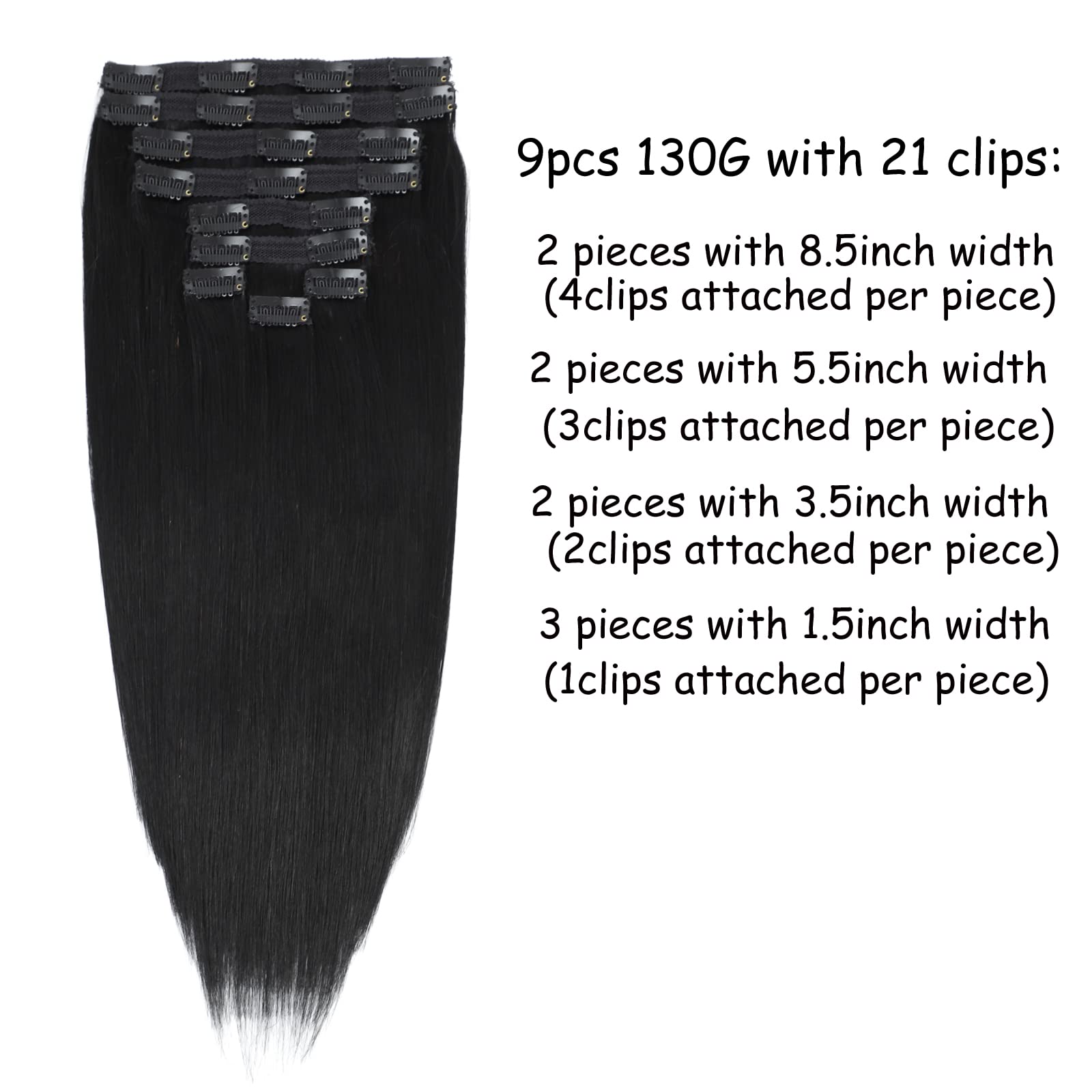 Clip in Hair Extensions 22 Inch - 9pcs 130g Jet Black Human Hair Extensions Straight & Soft - Natural Remy Hair for Thickening & Styling - Perfect for Parties, Weddings & Daily Wear