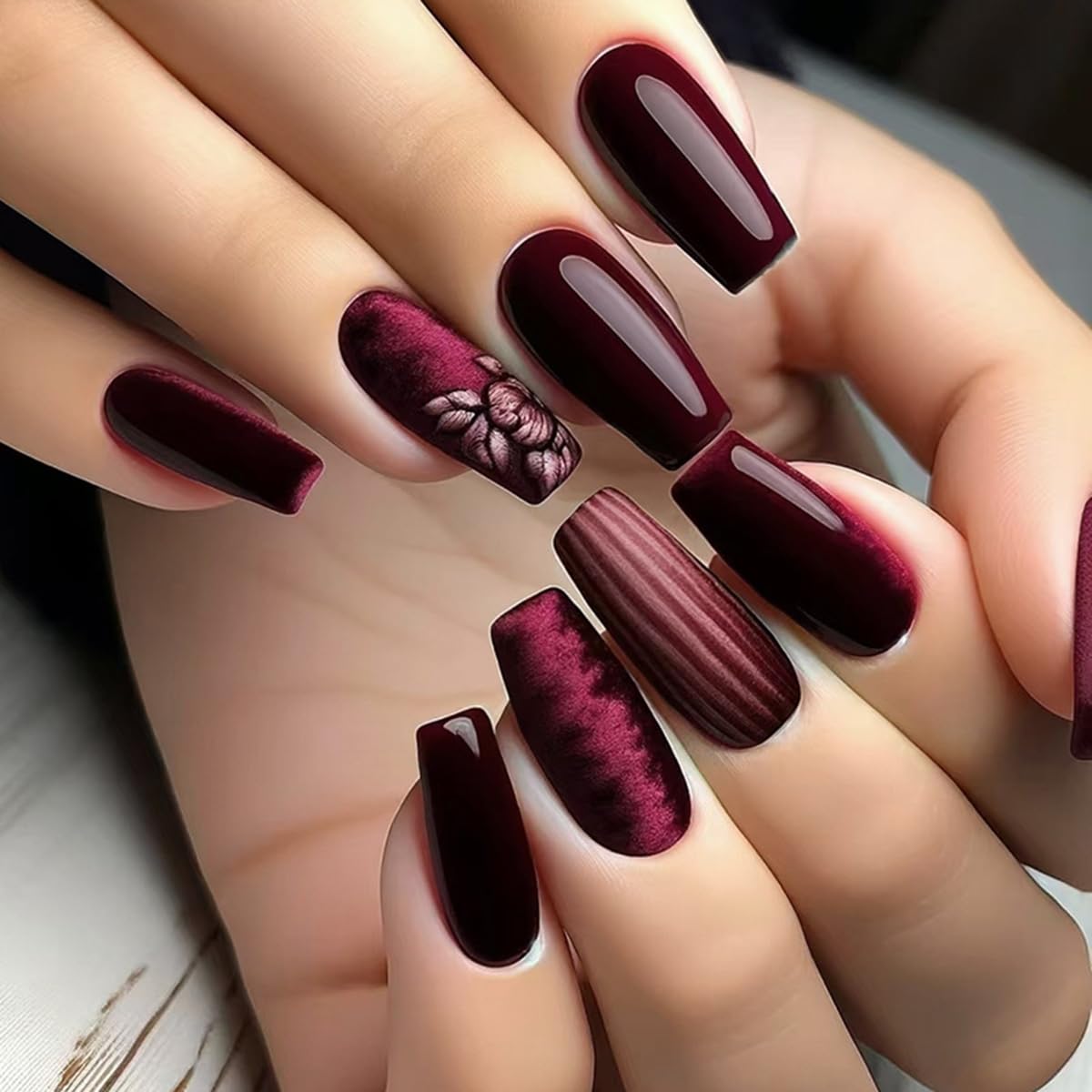 24 Pcs Dark Red Press on Nails Medium Square Spring Flower Fake Nails Coffin False Nails with Stripe Designs - Glossy Full Cover Acrylic Nail Kit for Women Manicure - Perfect for Parties, Weddings, and Daily Wear