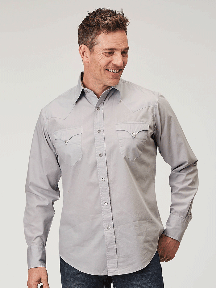 Roper Men's Long Sleeve Snap Button Solid Poplin Shirt - Silver Grey for Casual Wear & Outdoor Activities
